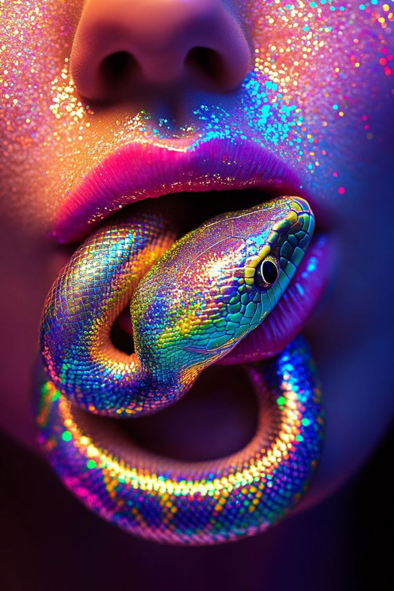 Nake tongue sticking out mouth colorful skin scale makeup glitter fantasy creature reptile lithery herpetology exotic pet cales pois close-up of a person's face painted to resemble an extravagant, colorful snake. The snake design is highly detailed and covers the entire face, including the eyes, nose, lips, and jawline. The background is dark, with a hint of blue hue, which contrasts with the vibrant colors used on the face. The person has one finger playfully sticking out from their mouth. There are rainbow-colored scales or paint strokes scattered across the image, creating an effect that seems to drip, adding to the snake-like appearance. This painting is highly stylized and creative, with a focus on color and texture.