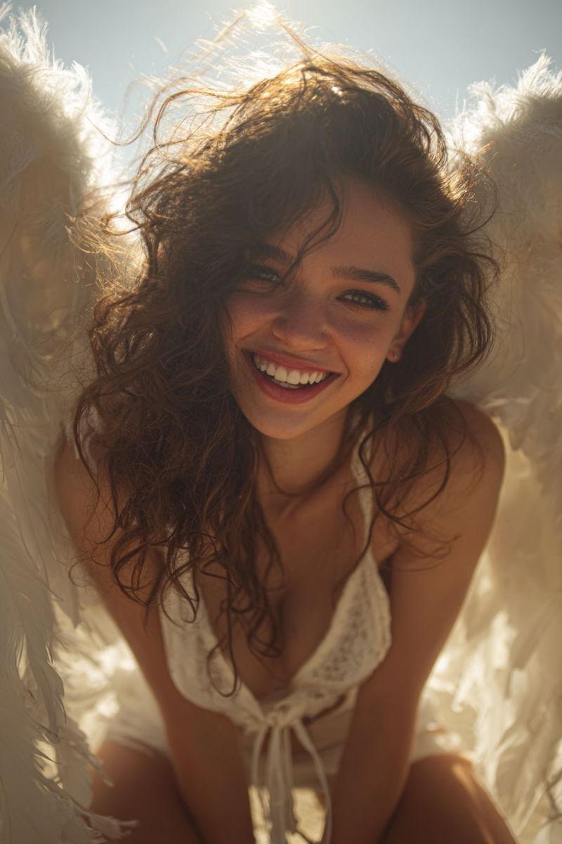 Angel wings smile curly sunlight fashion beauty dress lace earring jewelry necklace collarbone collar A woman with curly hair is sitting and smiling brightly, likely posing for a photo. She is wearing a white lace bralette and has large, fluffy white wings attached to her back. The wings are positioned behind her, and her hair is blowing in the wind. The background is bright and sunny, suggesting an outdoor setting.