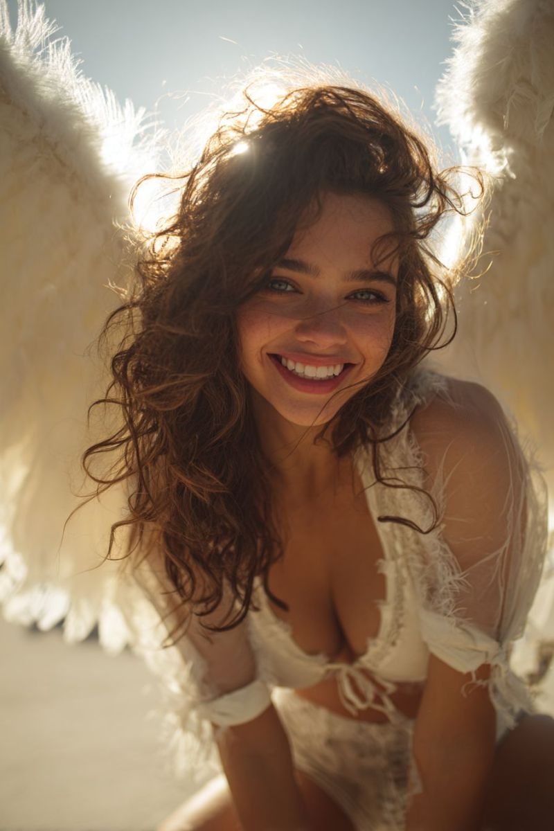 Ange ailes sourire femme boucles soleil beaute paradis divin grace glamour inspiration fantaisie Une femme aux cheveux bruns bouclés sourit et pose pour une photo. Elle porte une robe en dentelle blanche avec un décolleté plongeant et une aile blanche plumeuse sur le dos. Elle est assise par terre les jambes croisées. Le soleil brille sur son visage et ses cheveux flottent dans le vent. L'arrière-plan est flou et il semble qu'elle soit dans une forêt.