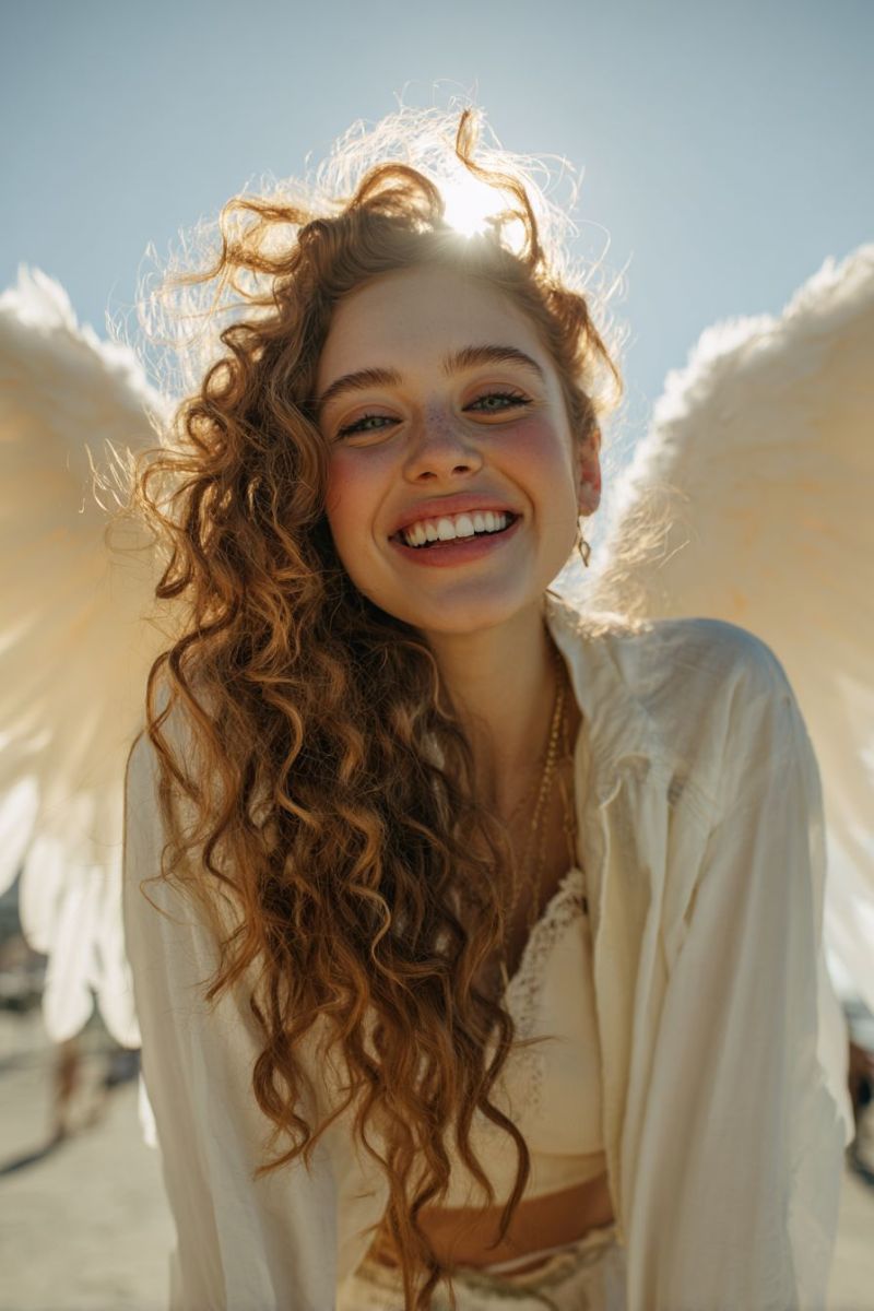Femme ange sourire boucles ailes soleil beaute air joie bonheur tendance selfie expression emotion Une femme aux cheveux bouclés brun-rouge sourit largement, son visage éclairé par le soleil. Elle porte un chemisier blanc avec une bordure en dentelle au niveau du col et un collier avec un pendentif. Elle a de grandes ailes d'ange blanches attachées à son dos, et ses cheveux sont coiffés en boucles lâches. L'arrière-plan est flou, suggérant un cadre extérieur avec un ciel bleu clair.
