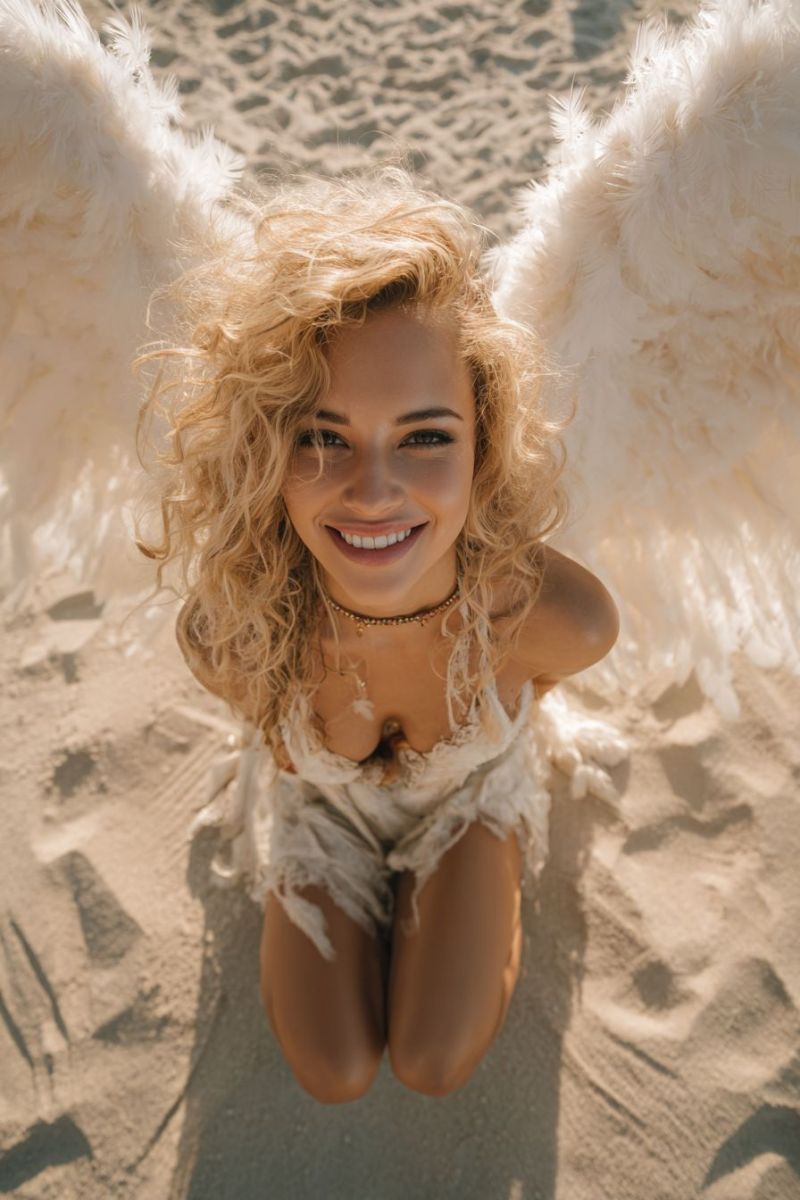 Angel beach dress feathers female happy jewelry necklace outdoors sand smile sunlight wings woman curly A woman with curly blonde hair is kneeling on the sand, wearing a white feathery dress and a necklace. She has large white angel wings on her back and is smiling brightly, likely posing for a photo. The sand is brown and has some footprints, and the woman's shadow is cast on the sand.