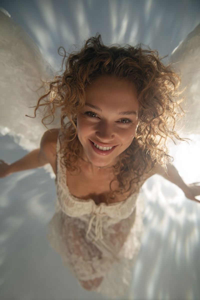 Ange femme sourire ailes sous eau soleil celeste divin beaute grace ethere fantaisie onirique inspiration creatif boucle robe Une femme aux cheveux bouclés flotte dans les airs, portant une robe blanche avec des détails en dentelle. Elle a un grand sourire sur son visage et ses bras sont étendus sur les côtés. Elle semble être dans une piscine, avec de l'eau autour d'elle et des rayons de lumière traversant l'eau. L'arrière-plan est flou, avec un mélange de couleurs bleues et blanches.
