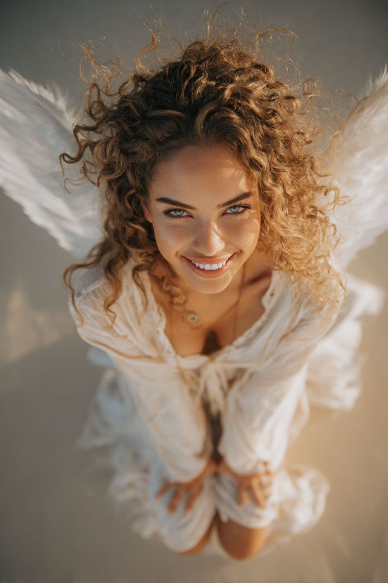 Ange femme souriant ailes air soleil plage celeste divin gracieux elegant inspiration beaute boucles robe Une femme aux cheveux bouclés est agenouillée sur le sol, souriant radieusement. Elle est vêtue d'une robe blanche fluide qui la recouvre des épaules aux chevilles, avec un col décontracté et une ceinture autour de sa taille. Ses cheveux sont coiffés en boucles lâches qui encadrent son visage, et elle a une paire d'ailes blanches attachées à son dos. Elle porte un collier avec un pendentif, et ses mains reposent sur ses genoux. L'arrière-plan est flou, suggérant un cadre sablonneux ou de plage.