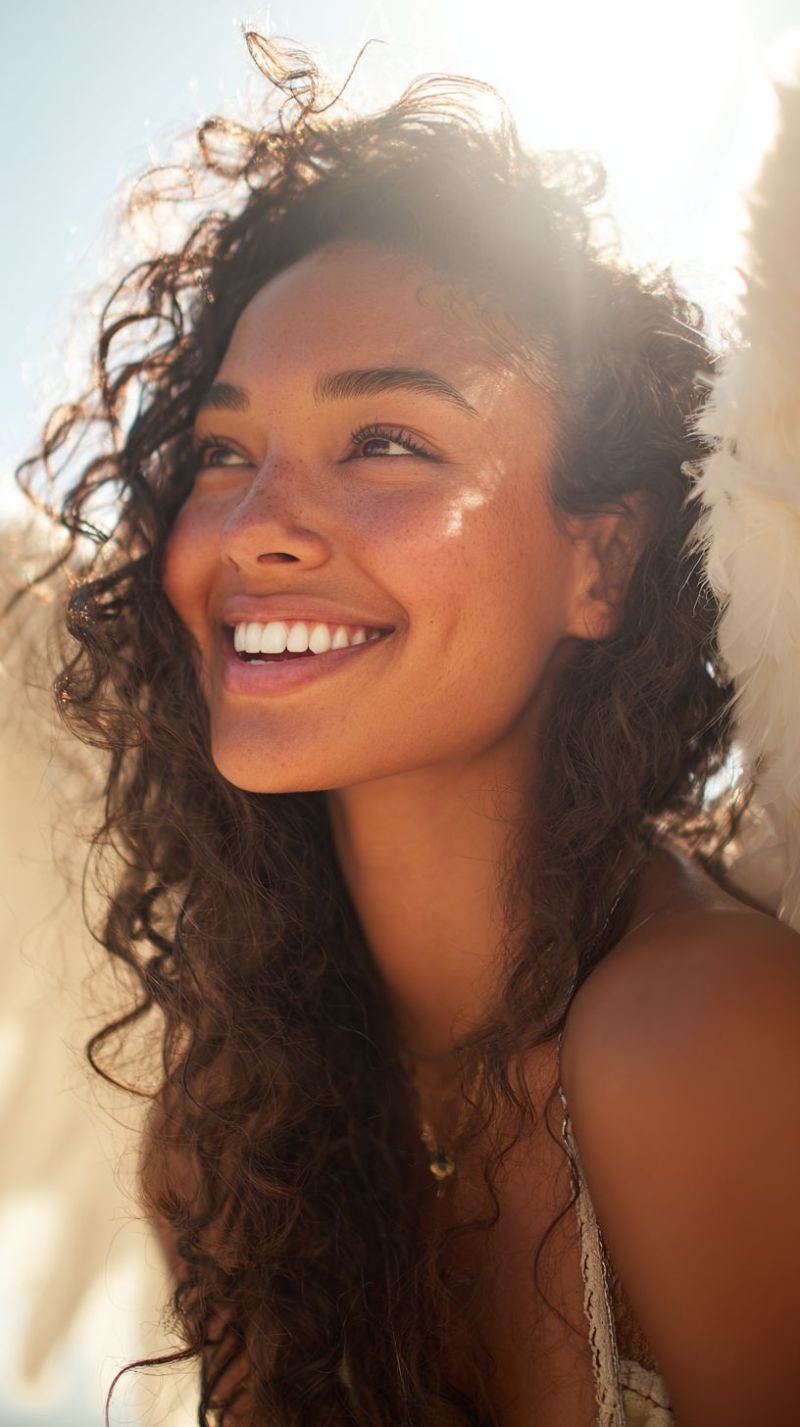 Smiling woman sunlight curly beauty skin eye hairstyle head haircut texture length type care styling product A woman with curly brown hair is smiling brightly, her face illuminated by sunlight. She has a mole on her right cheek and is wearing a necklace with a pendant. She is dressed in a white sleeveless top with a lace design on the neckline. Behind her, there is a white feather, possibly part of a costume or accessory. The background is blurred, suggesting an outdoor setting.