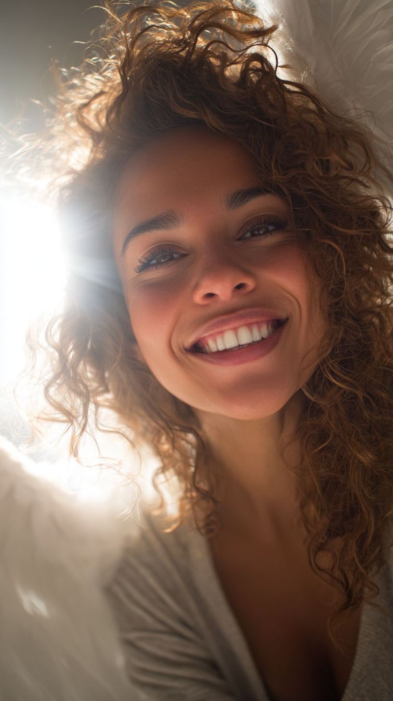 Smile woman sunlight curly beauty happy eye skin eyebrow lip teeth cheek nose ear neck A woman with curly hair is smiling brightly, her teeth showing, and her eyes crinkling with joy. She has a light-colored top on, and her hair is styled with a soft, feathery effect around her head, giving the impression of angel wings. The light source behind her casts a warm glow, highlighting her features and creating a halo effect around her head.