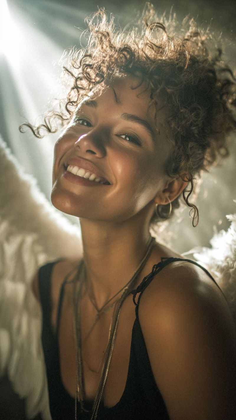 Sourire femme beaute visage oeil oreille cou collier bijoux accessoires boucle clavicule col Une femme aux cheveux bouclés sourit et regarde directement la caméra. Elle porte un débardeur noir et a plusieurs colliers autour de son cou. La lumière est centrée sur son visage, créant une atmosphère lumineuse et joyeuse. Elle a une aile blanche et plumeuse sur le dos, suggérant un thème ludique ou angélique. L'arrière-plan est flou, mettant l'accent sur la femme et son expression joyeuse.