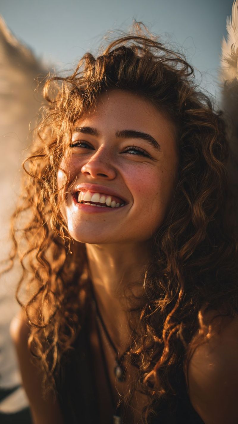 Smiling woman happy sunlight outdoors expression beauty natural fashion angle angles curly shot A woman with curly, light brown hair is smiling brightly, showing her teeth. She is wearing a sleeveless top and has a necklace with a pendant. The background is blurry, suggesting she is outdoors, possibly in a park or garden. The sun is shining, casting a warm glow on her face and hair.