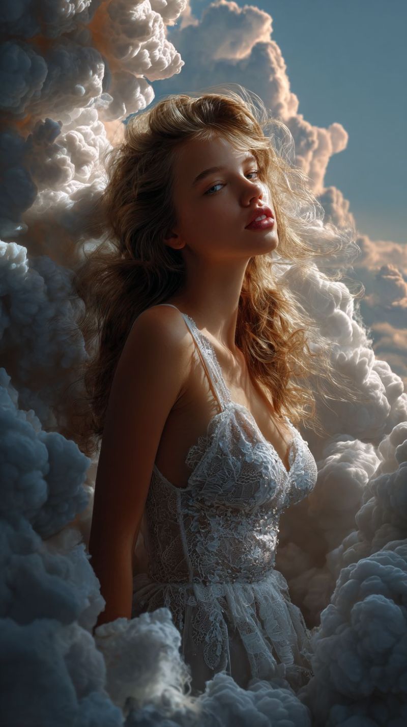 Woman clouds sky dress eyes lips fashion beauty elegant romantic fantasy inspiration inspirational A woman with long, wavy blonde hair is lying on a bed of fluffy white clouds. She is wearing a white lace dress with a deep V-neckline, and her hair is blowing gently in the wind. She is looking to the right with her eyes closed, and her lips are slightly parted. The background is a blue sky with large, fluffy clouds. The image has a dreamy, ethereal quality, and the woman appears to be in a state of peaceful relaxation.