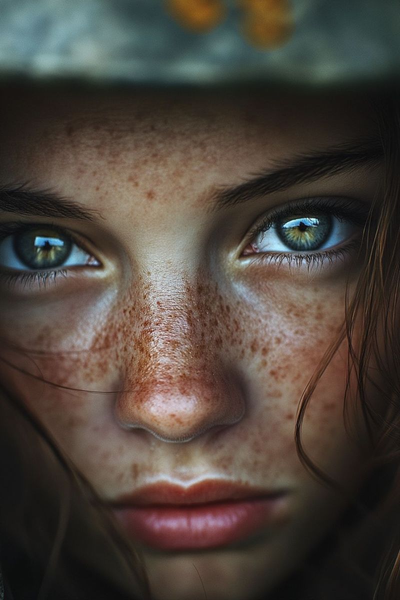 Freckled skin texture young female big expressive eye girl looking upward intense gaze towards camera caucasian brown hair outdoor setting close-up portrait of a person with striking blue eyes and freckles on the skin. The individual appears to be young, with fair skin and long hair. They have a contemplative expression, looking off to the side with their head slightly tilted. There is a blurred texture overlaying the image, which obscures finer details but adds an artistic effect.