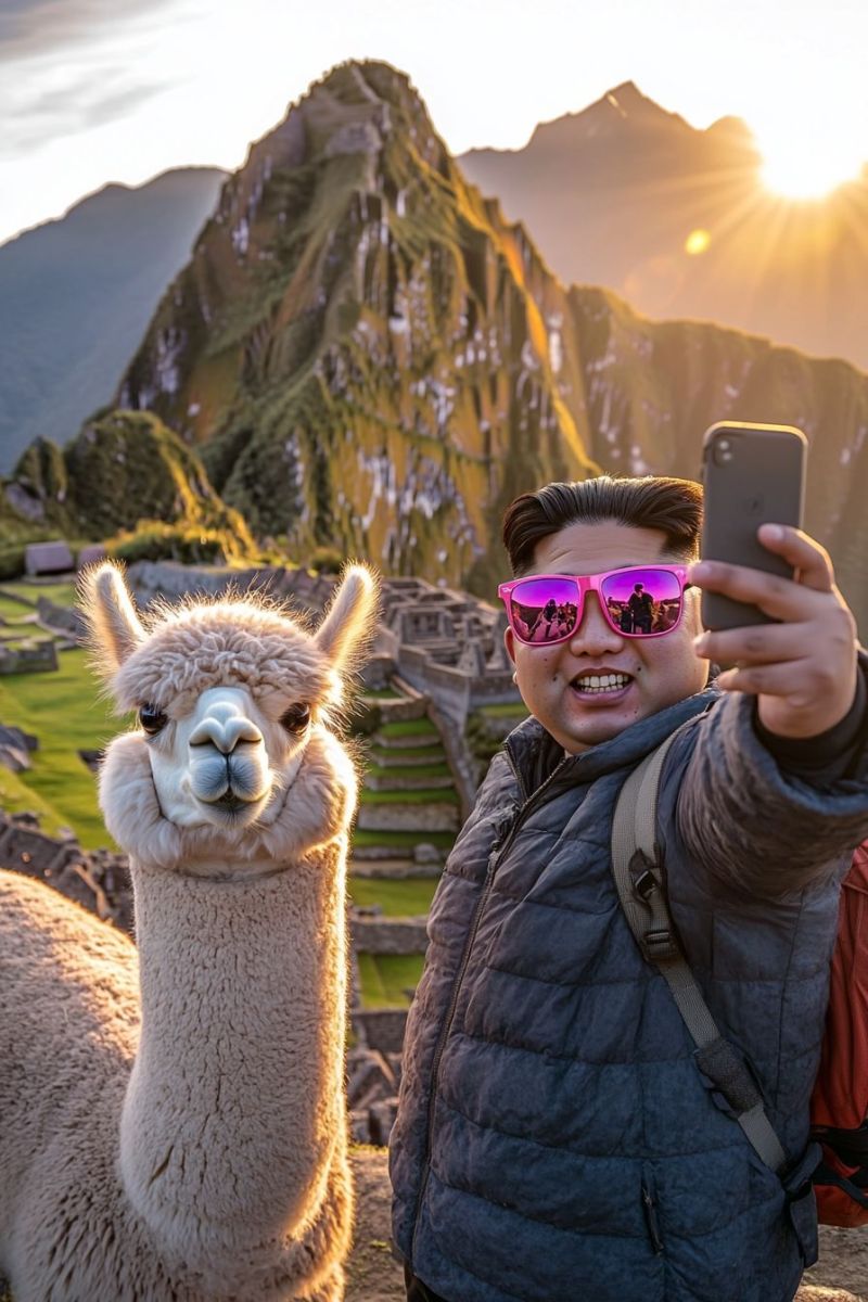 Voyage selfie tourisme lama visites lieux celebres machu picchu perou guide touristique aventure voyageur sociaux smartphone randonneur coucher soleil Il y a une personne debout devant une vue panoramique avec des montagnes et de la végétation verte lisse. L'individu tient un téléphone portable dans sa main et pose une selfie. Il porte un sac à dos et est vêtu de manière informelle avec un manteau. À gauche du photo, il y a un llama debout à côté de la personne, regardant calmement la caméra. Le fond présente les magnifiques ruines de Machu Picchu visible derrière la personne et le llama. L'atmosphère générale de l'image suggère que ce sont des voyageurs qui capturent leur moment dans ce emblématique lieu.