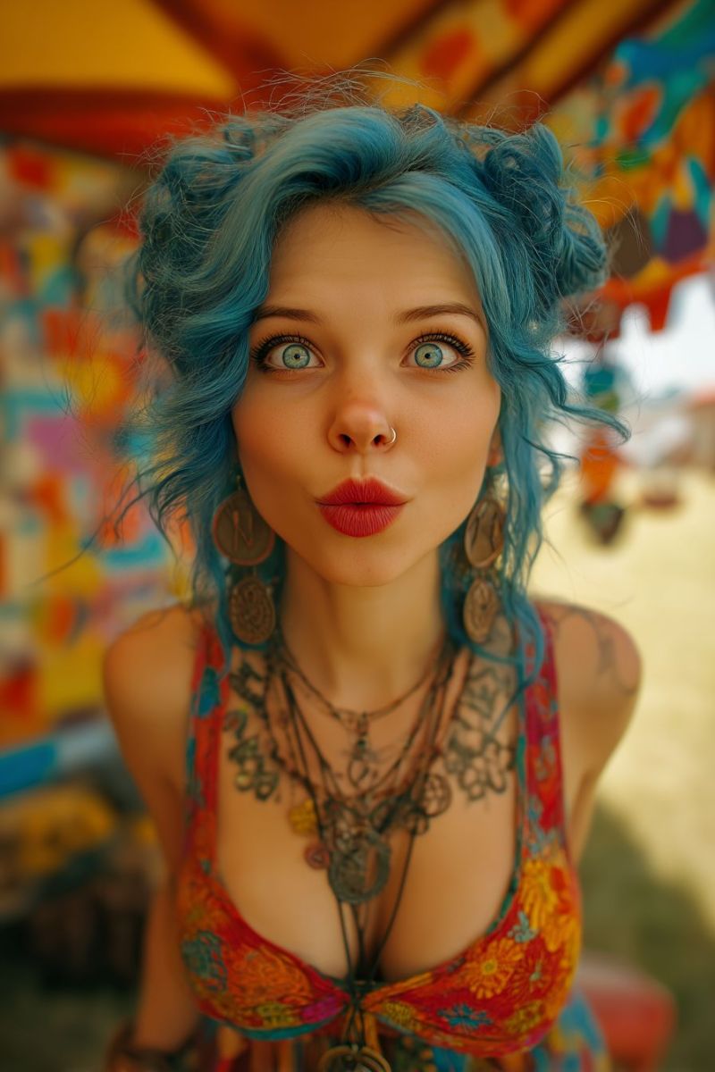 Femme boucles oreilles colliers tatouages piercing festival maquillage sourcils eyeliner bijoux accessoires beaute bleu rouge Une femme aux cheveux bleus saisissants coiffés en boucles lâches et volumineuses pose pour une photo. Elle a un piercing au nez et du rouge à lèvres rouge vif sur ses lèvres. Ses yeux sont verts et légèrement arqués, ajoutant à son look expressif. Elle porte un haut coloré et à motifs qui laisse apparaître ses épaules et ses bras, ornés de multiples tatouages et colliers. L'arrière-plan est une tente vibrante et multicolore avec divers motifs, suggérant un cadre de festival ou d'événement en plein air.