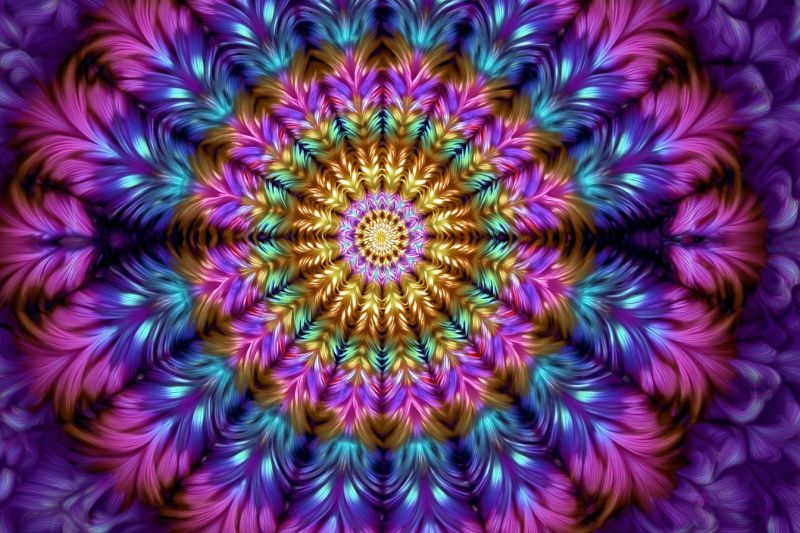 Design plumes floral fleur fractal geometrique graphiques kaleidoscope rose violet texture Motif circulaire vibrant avec un noyau central jaune doré. Autour du noyau se trouvent des couches de formes complexes en forme de plume dans des nuances de violet, bleu et rose. Ces formes rayonnent vers l'extérieur, créant un effet dynamique et fluide. Les couleurs se mélangent harmonieusement, avec des dégradés qui passent doucement d'une teinte à l'autre. Le design global est symétrique, avec un effet de miroir de chaque côté du noyau central, améliorant l'harmonie visuelle. Le fond est d'un violet profond, offrant un contraste saisissant avec les motifs colorés.
