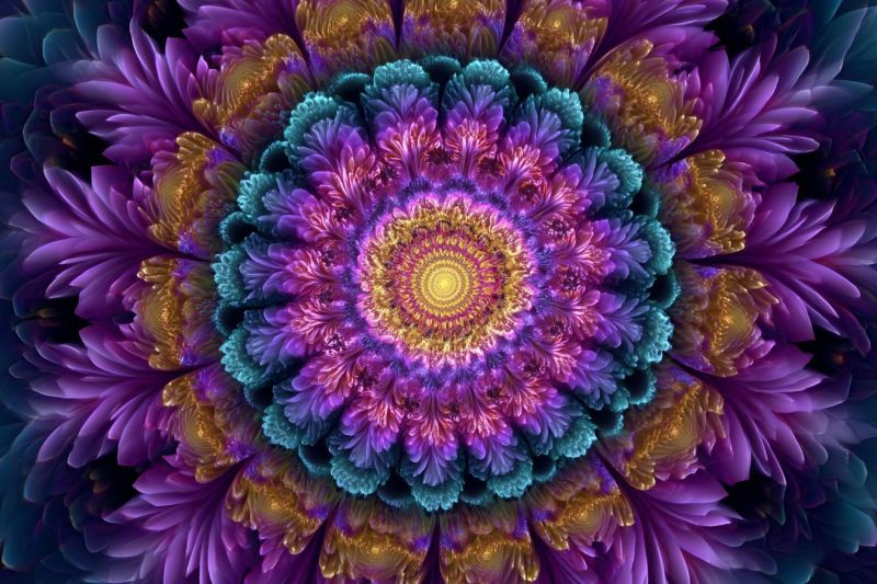 Fleur design floral symetrie geometrique nature texture petales centre radiance circulaire profondeur illusion Motif circulaire vibrant dominé par des nuances de violet, bleu et or. Au centre, il y a un cercle jaune vif entouré de cercles concentriques de couleurs variées, y compris jaune, orange et rouge. La partie extérieure du cercle est composée de pétales complexes et superposés qui ressemblent à une fleur, chaque pétale ayant une teinte et une texture légèrement différentes. Les pétales sont disposés en un motif en spirale, créant un sentiment de profondeur et de mouvement. L'effet global est celui d'une complexité et d'une beauté, avec un mélange harmonieux de couleurs et de formes.