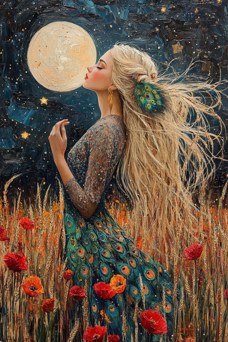 Fantasy female moonlit romantic surreal celestial dreamlike painting field flower crown rural setting ethereal woman nigh This image features a digital art piece with a fantasy or sci-fi theme. In the foreground, there is a figure standing on a path or stairway that leads towards a glowing celestial body in the distance, resembling a planet or moon with intricate patterns and colors. The figure appears to be humanoid with long hair and what could be interpreted as wings, suggesting they might have an ethereal or angelic appearance. The background is filled with vibrant colors, predominantly blues and purples, giving it an otherworldly ambiance. There are stars and various symbols scattered throughout the image, adding to the fantastical atmosphere. The artwork includes elements like planets, moons, stars, and celestial bodies that give a sense of depth and vastness, along with mystical and magical elements such as circles and orbs, which seem to radiate energy. The style of the image is reminiscent of traditional fantasy art, with a focus on color, light, and imaginative content. The overall impression is one of hope, exploration, and otherworldly adventure.