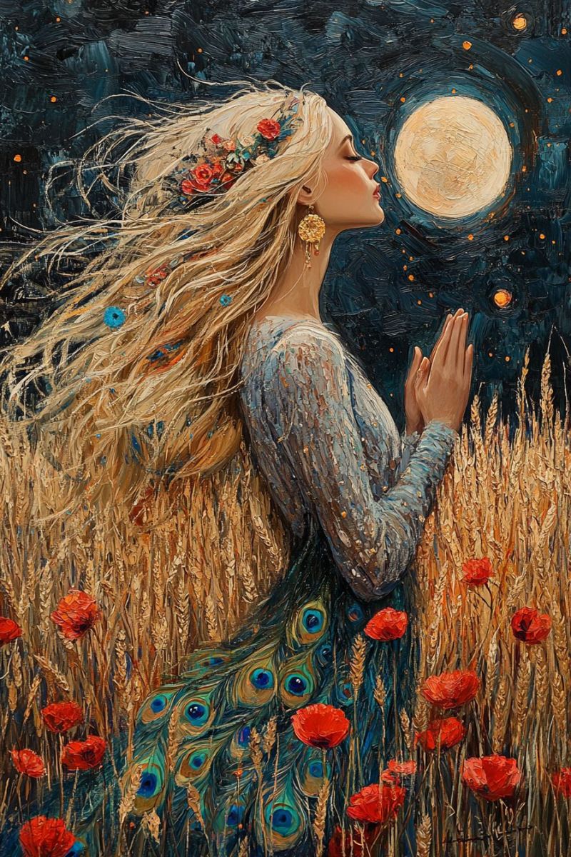 Female moonlit sky flower crown spirituality depiction peaceful expression outdoor setting nature feminine energy contemplative mood In the image, there is a woman standing in a field of tall wheat. She has long blonde hair and is wearing a flowing dress adorned with floral patterns and blue flowers on her headband. The woman holds a bouquet of red flowers in her left hand and appears to be looking up at the sky. There are poppies scattered throughout the field. In the background, the moon is visible high in the sky, casting a soft glow over the scene. Above the woman's head floats a small white bird. The overall atmosphere suggests it could be early evening or night.