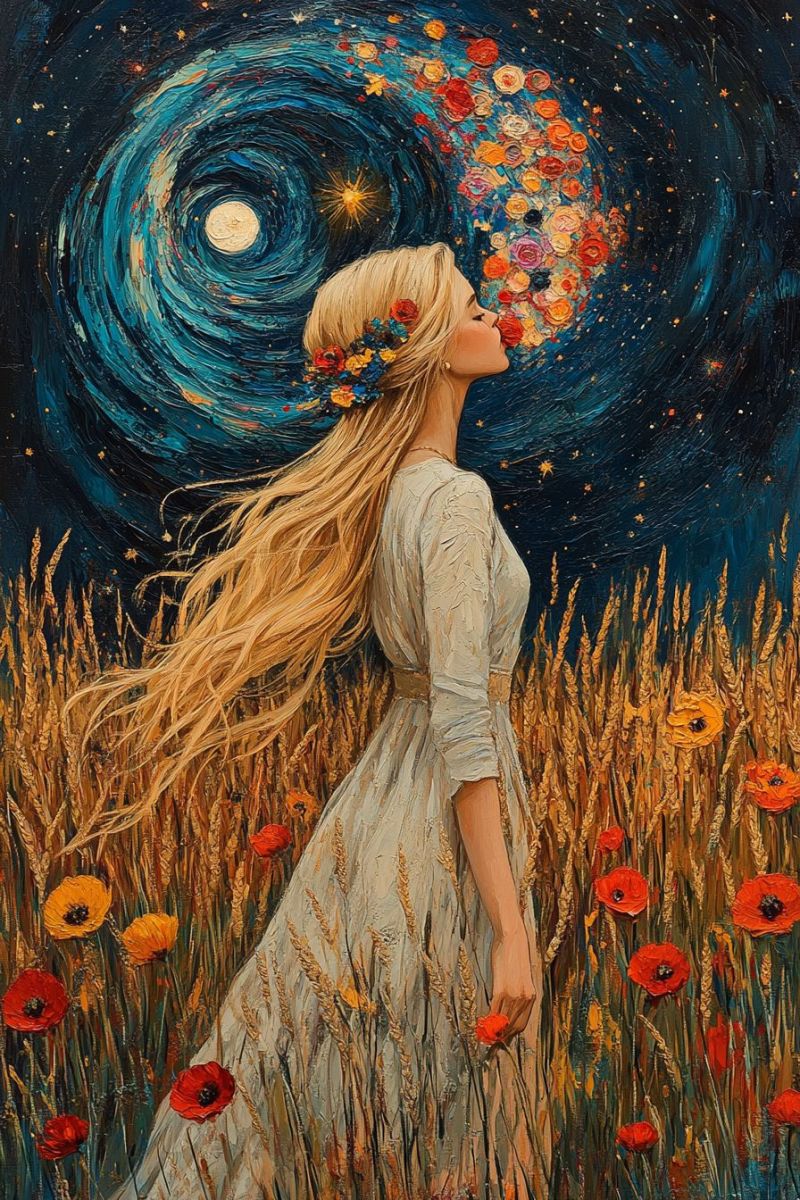 Female field woman blonde hair night sky crescent moon constellation watercolor painting fantasy flowers foreground floral bouquet dreamy serene and fantastical scene. There is a woman with long hair that flows freely as if caught in the wind, suggesting motion. She has her eyes closed and appears to be gazing upwards with a peaceful expression. The woman is wearing a white, flowing dress, which adds to the ethereal atmosphere of the image. The background features a vibrant sky filled with stars, creating an otherworldly backdrop. In the lower part of the image, there are tall, yellow flowers that provide a contrast to the woman's white attire. The flowers seem to be in full bloom, adding a touch of nature and life to the scene. The color palette is quite diverse, with warm tones dominating the foreground and cooler colors blending into the night sky, creating a sense of depth. There's a sense of tranquility and introspection conveyed by the woman's pose, the starry sky, and the overall composition of the image. The artwork is detailed and captures a moment of quiet reflection or perhaps a connection with nature or the cosmos.