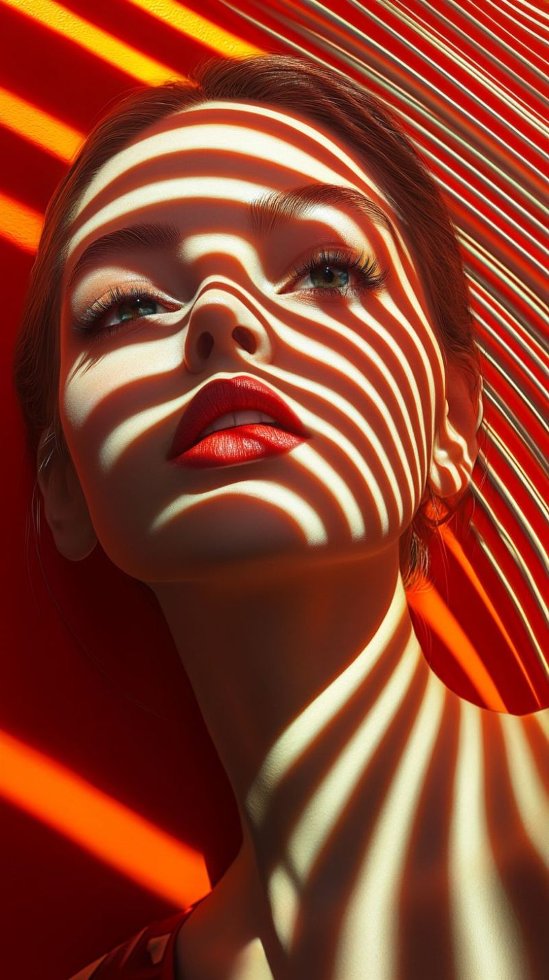 Woman red shadow eyelashes eyebrows hair ear neck skin lips eye fashion beauty lipstick makeup A woman with brown hair is lying on a red and white striped surface, possibly a bed or a couch. She is looking directly at the camera with her eyes closed and her lips slightly parted. Her face is illuminated by a bright light, casting shadows and highlights on her skin. She has red lipstick and is wearing makeup. The background is a combination of red and white stripes, and the light is coming from the top left corner.