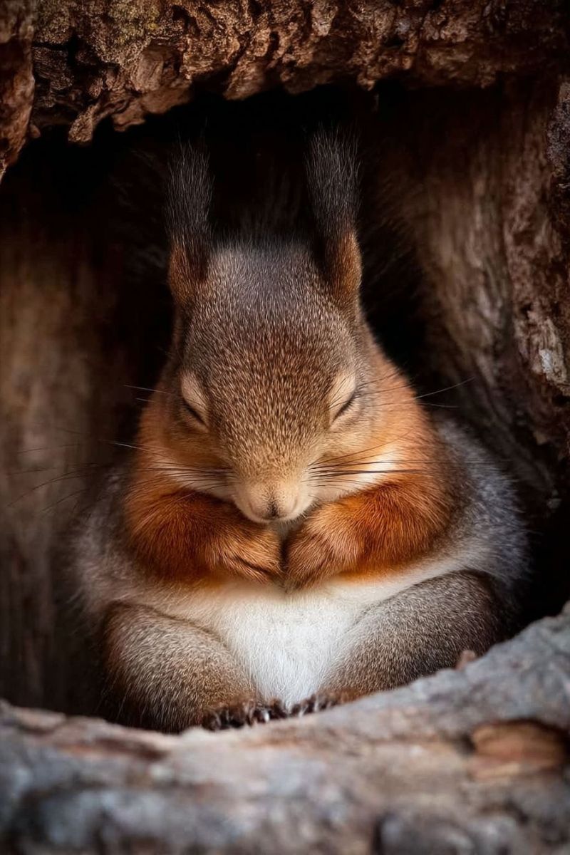 Ecureuil arbre dormant faune nature animal foret mignon relaxant confort cachant trou tronc ecorce pattes queue fourrure yeux Un écureuil roux est recroquevillé à l'intérieur d'un tronc d'arbre, donnant l'impression de dormir. L'écureuil a un pelage duveteux brun-roux avec un ventre blanc. Sa tête est nichée entre ses pattes avant, et ses yeux sont fermés. Le tronc d'arbre est rugueux et texturé, avec de l'écorce visible et quelques petits trous. La posture de l'écureuil est détendue, et il semble être dans un sommeil paisible.