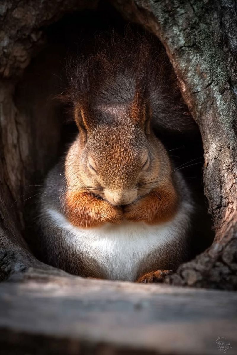 Squirrel tree hole sleeping wildlife nature animal fur paws eyes bark wood forest outdoors daytime sunlight shadow photographer A red squirrel is nestled inside a tree trunk, its eyes closed and its paws gently covering its face. The squirrel's fur is a mix of bright red and white, with a bushy tail and a fluffy appearance. The tree trunk is rough and textured, with visible bark and a dark, hollow interior where the squirrel is resting. The image captures a moment of tranquility and comfort, with the squirrel appearing to be in a peaceful sleep.