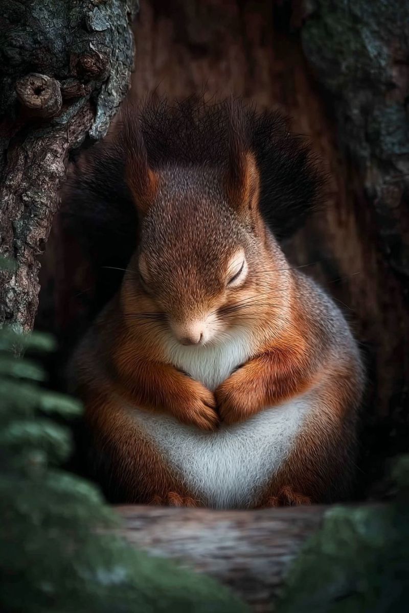 Ecureuil dormant arbre foret faune nature animal mignon fourrure queue pattes yeux sol buche ecorce trou ombre Un écureuil roux est recroquevillé dans une position de sommeil confortable à l'intérieur d'un tronc d'arbre. L'écureuil a un pelage roux-brun et pelucheux avec un ventre blanc. Ses yeux sont fermés, et il semble être dans un profond sommeil. La queue épaisse de l'écureuil est repliée derrière lui, et ses pattes sont croisées sur sa poitrine. Le tronc d'arbre est brun foncé et texturé, avec un petit trou sur le côté. L'arrière-plan est sombre, avec quelques feuilles vertes et du feuillage visibles.