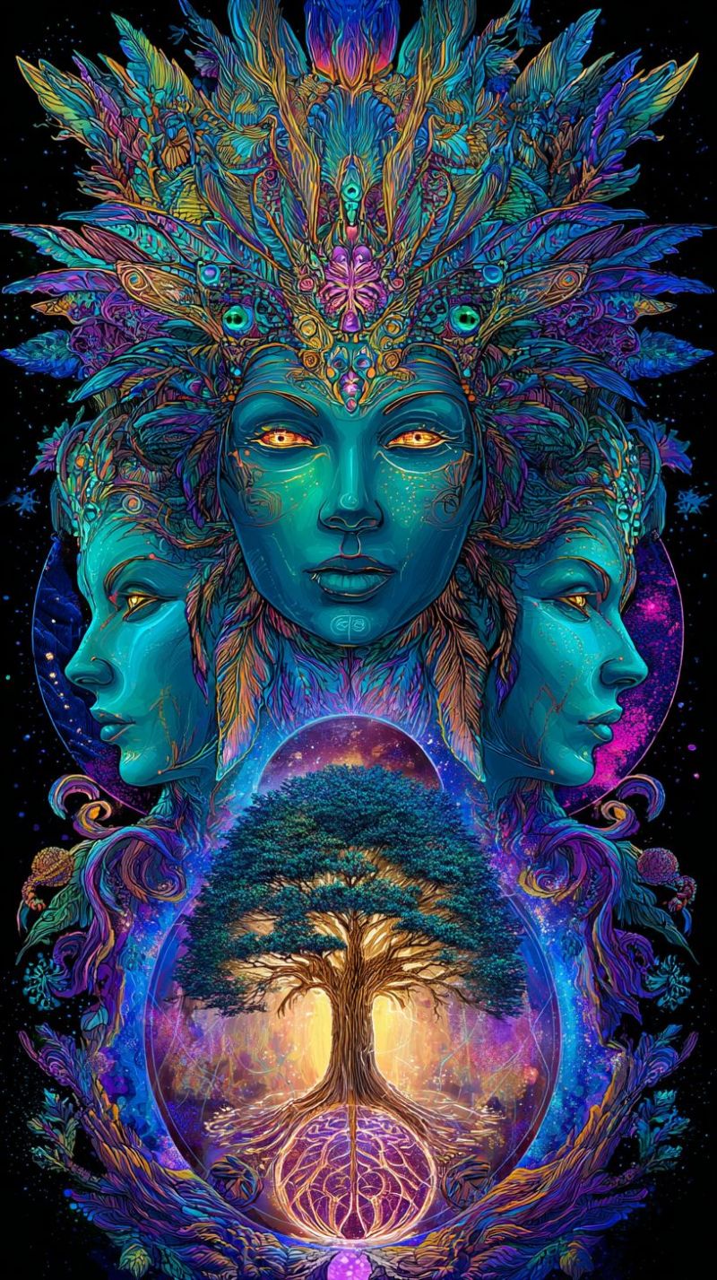 Fantaisie visage femme yeux tete couronne plumes arbre nature univers espace etoiles galaxie cosmos L'image présente trois figures féminines éthérées aux visages bleus lumineux, chacune ornée de coiffes complexes et colorées en plumes. La figure centrale a une expression sereine, tandis que les figures de chaque côté regardent vers la gauche. Leurs cheveux descendent, se fondant dans un arrière-plan vibrant et multicolore. Au centre, un grand arbre aux racines dorées et à la base violette lumineuse est entouré d'une auréole circulaire multicolore. L'arrière-plan est d'un noir profond, orné d'étoiles et de motifs abstraits, créant une atmosphère mystique et surnaturelle.
