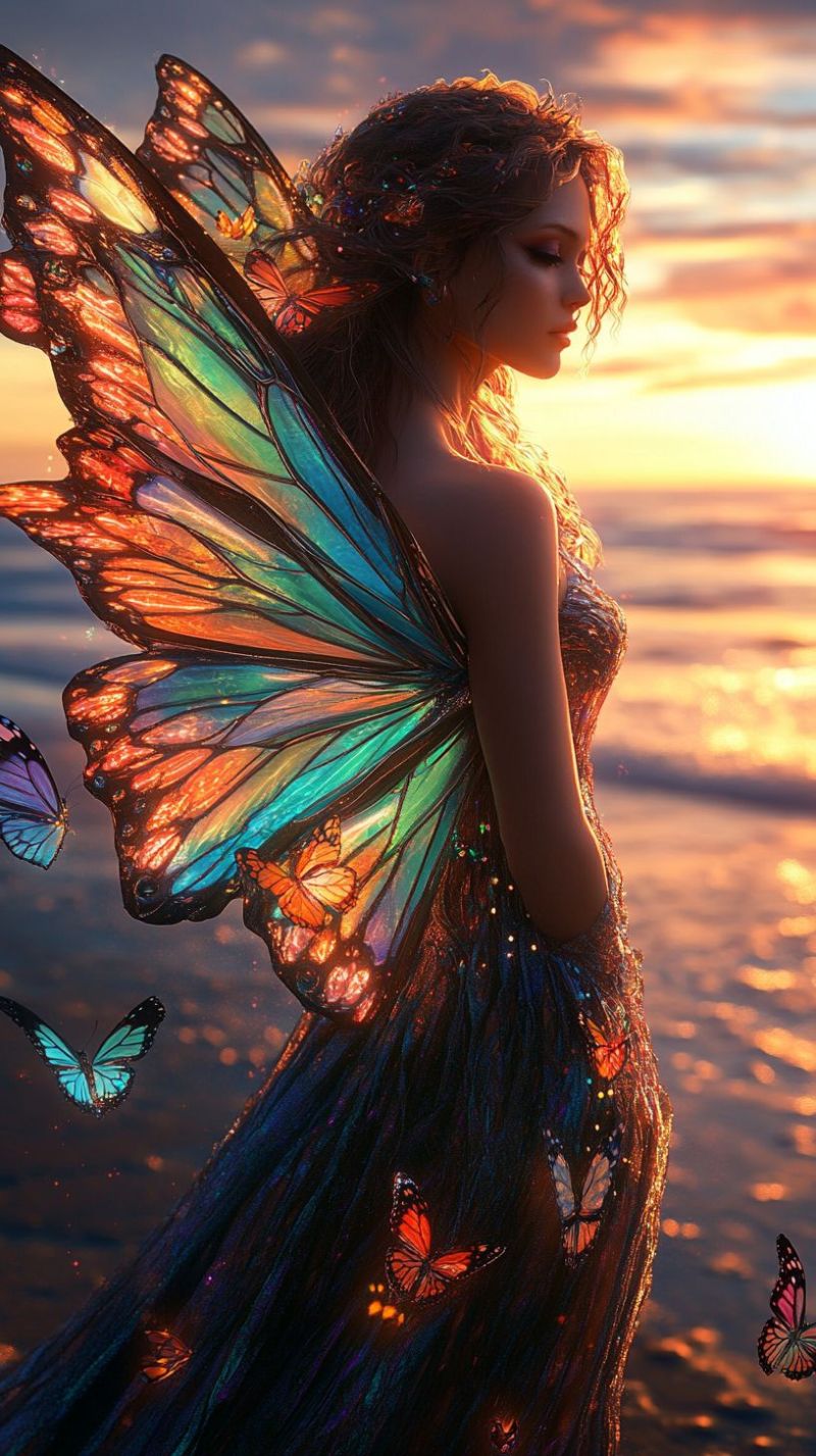 Woman butterfly fantasy dress wings sunset beach hair sky nature beauty magic fairy glow colorful dream ocean A woman with long curly hair stands on a beach at sunset, her back turned. She wears a shimmering dress adorned with butterfly wings that reflect the colors of the setting sun. Her wings are large, multicolored, and intricately detailed, with shades of orange, yellow, green, and blue. The sky behind her is a blend of warm sunset hues, transitioning from orange to pink. Several butterflies float around her, adding to the magical atmosphere. The water in the background is calm, with gentle waves reflecting the sky's colors.