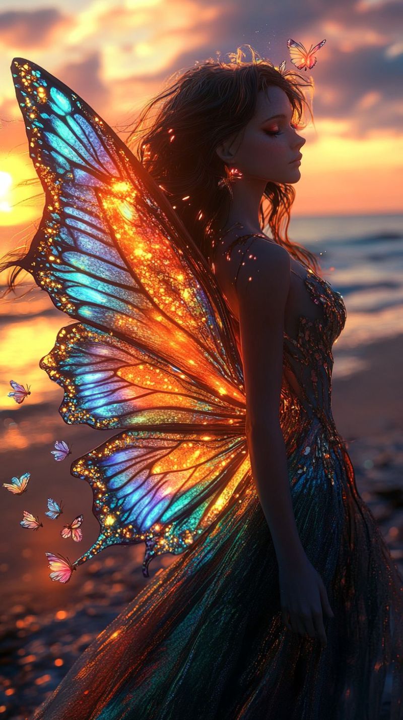 Woman dress butterfly fantasy magic fairy wings sunset beach ocean sky glow colorful dreamy mystical A woman stands on a beach at sunset, her silhouette outlined against the warm, fading light. She wears a shimmering, iridescent dress that reflects the colors of the sky. Her hair flows freely, and she has large, colorful wings that resemble those of a butterfly, with hues of blue, orange, and yellow. The wings are adorned with tiny, glowing lights that twinkle like stars. Several small butterflies flutter around her, adding to the magical atmosphere. The background shows a serene ocean and a sky painted with soft, pastel colors.