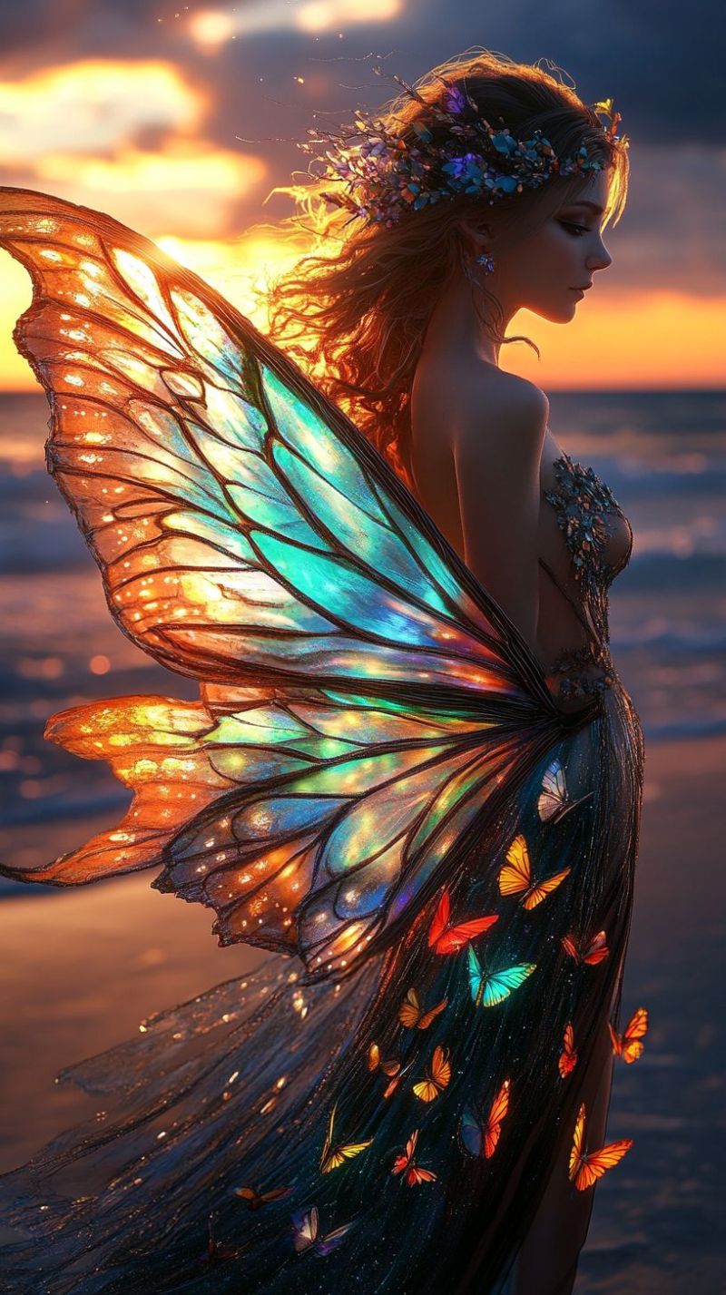 Woman fantasy butterfly dress wings hair flower crown jewelry necklace earring jewel A woman stands on a beach at sunset, her long hair flowing freely. She wears a shimmering dress adorned with colorful butterfly wings and a crown of flowers. Her wings, made of translucent material, display a spectrum of colors from orange to blue. The setting sun casts a warm glow on her and the surrounding area, creating a magical atmosphere.