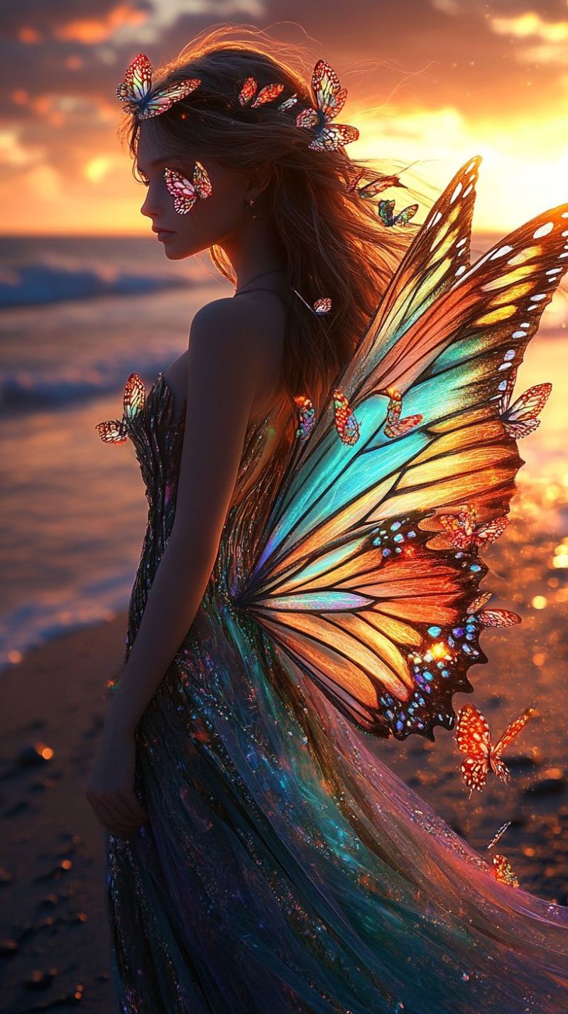 Woman butterfly dress fantasy wings hair sunset beach magic fairy colorful nature transformation dream beauty imagination glow A woman stands on a beach at sunset, her back to the viewer. She wears a shimmering, iridescent dress that flows down to the ground. Her hair cascades down her back, adorned with colorful butterfly wings that seem to glow with a spectrum of colors. The wings are intricately detailed, with patterns that shift from reds and oranges to blues and greens. The beach is bathed in the warm, golden light of the setting sun, casting long shadows and reflecting off the water. The sky above is a mix of warm oranges and cool blues, with the sun dipping below the horizon.