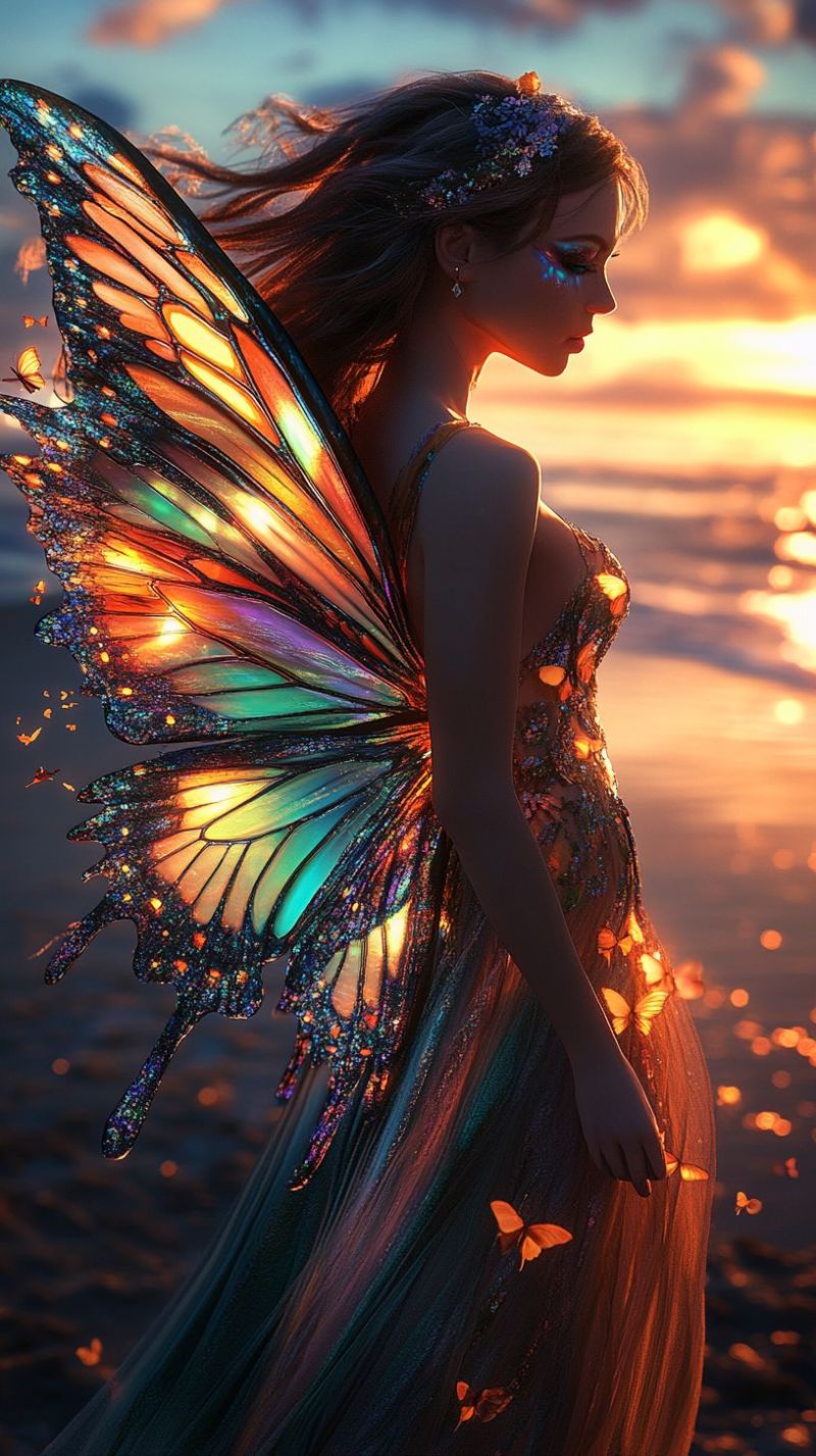 Femme papillon robe fantaisie magie fee nuit coucher soleil plage eclat etincelle bijoux boucle oreille cheveux coiffure epingle accessoires ornement Une femme se tient sur une plage au coucher du soleil, sa silhouette éclairée par la lumière qui s'estompe. Elle porte une robe scintillante ornée de motifs de papillons, et ses ailes, faites d'écailles irisées, captent la lumière, créant un effet arc-en-ciel. Ses cheveux flottent librement, et elle porte un bandeau floral. La plage est parsemée de petits papillons lumineux, et l'océan derrière elle reflète les teintes chaudes du soleil couchant.