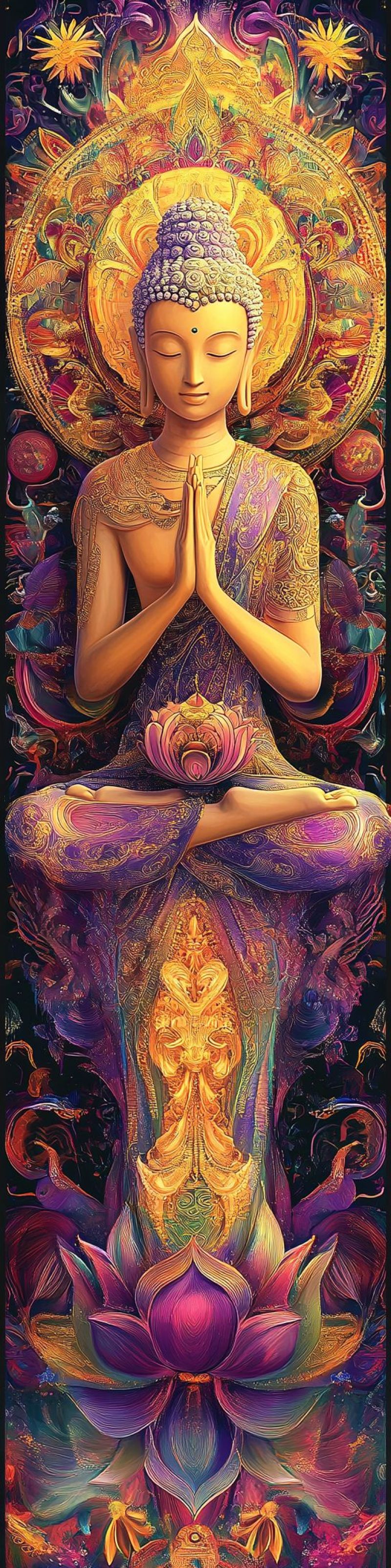 Meditation poster religious buddhism mandala peaceful deity yoga serene spiritual graphic cosmic The image appears to be a colorful wall hanging featuring an artistic depiction. It shows a figure seated in a meditative pose with hands resting on knees and eyes closed, suggesting a calm and focused state of being. To the right of this central figure is another element that looks like a stylized flower or lotus blossom, also with petals in shades of purple and pink, which adds to the vibrant aesthetic of the piece. The background features intricate patterns and designs, including geometric shapes and possibly Sanskrit script. The overall design seems to be influenced by Eastern spiritual traditions, possibly drawing inspiration from Buddhist iconography.