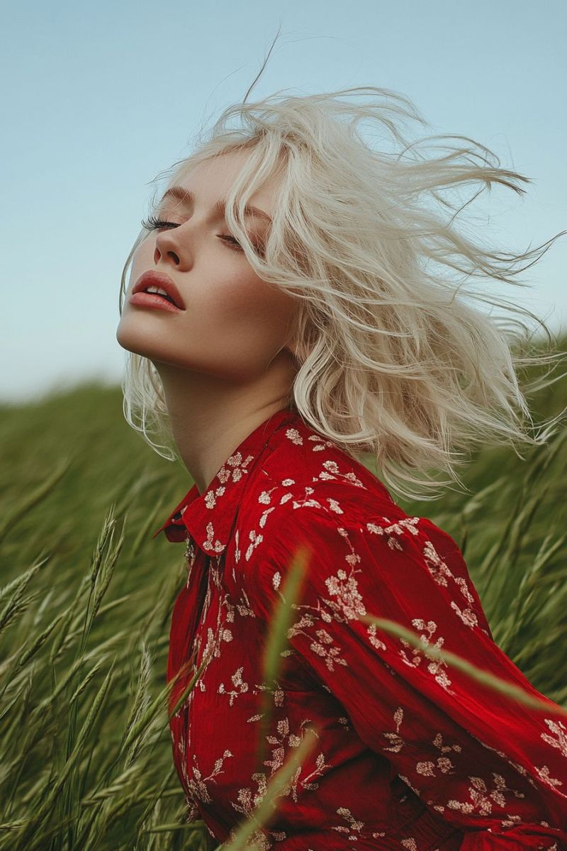 Woman plain flowery blouse windblown hair outdoor setting natural rural grass field daylight vibrant stained glass window. The central figure of the artwork is a bird, possibly an eagle, given its large wings and detailed feathers. It appears to be in flight against a background that transitions from a light sky at the top to a darker sky near the bottom. The bird is predominantly white with hues of blue, purple, and pink blending into its form. The stained glass window uses various colors throughout, creating an abstract backdrop that suggests clouds or mist. Below the bird, there's a large sun or perhaps moon in the bottom right corner, rendered in shades of orange and yellow. This celestial body is surrounded by dark blue tones, which could represent water given their shape. At the bottom left corner, there's an element that resembles a small island with green and brown colors, adding to the naturalistic theme of the artwork. The glass panes have intricate details throughout, showing a high level of craftsmanship. The window itself is bordered by a black frame, which contrasts sharply with the colorful design within it. The style of the image is realistic yet stylized due to the nature of stained glass art, where colors and light interact in a particular way.