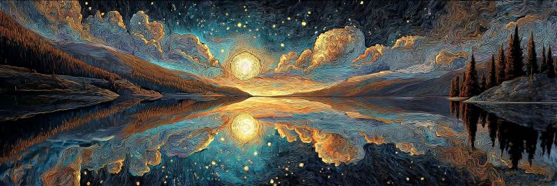 Lake reflection mountains trees clouds stars sun water painting colorful sunset evening dark nature scenery night sky serene night scene with a large, reflective lake at the center. The sky is filled with swirling clouds, painted in shades of blue, orange, and yellow, creating a dynamic and textured backdrop. A full moon is prominently displayed, its light casting a soft glow over the landscape. The moon is mirrored in the lake, creating a beautiful reflection that adds depth to the scene. On the right side, a line of tall, dark trees stands against the horizon, their silhouettes adding a sense of scale and mystery. The overall effect is one of tranquility and natural beauty, with the interplay of light and shadow enhancing the peaceful atmosphere.