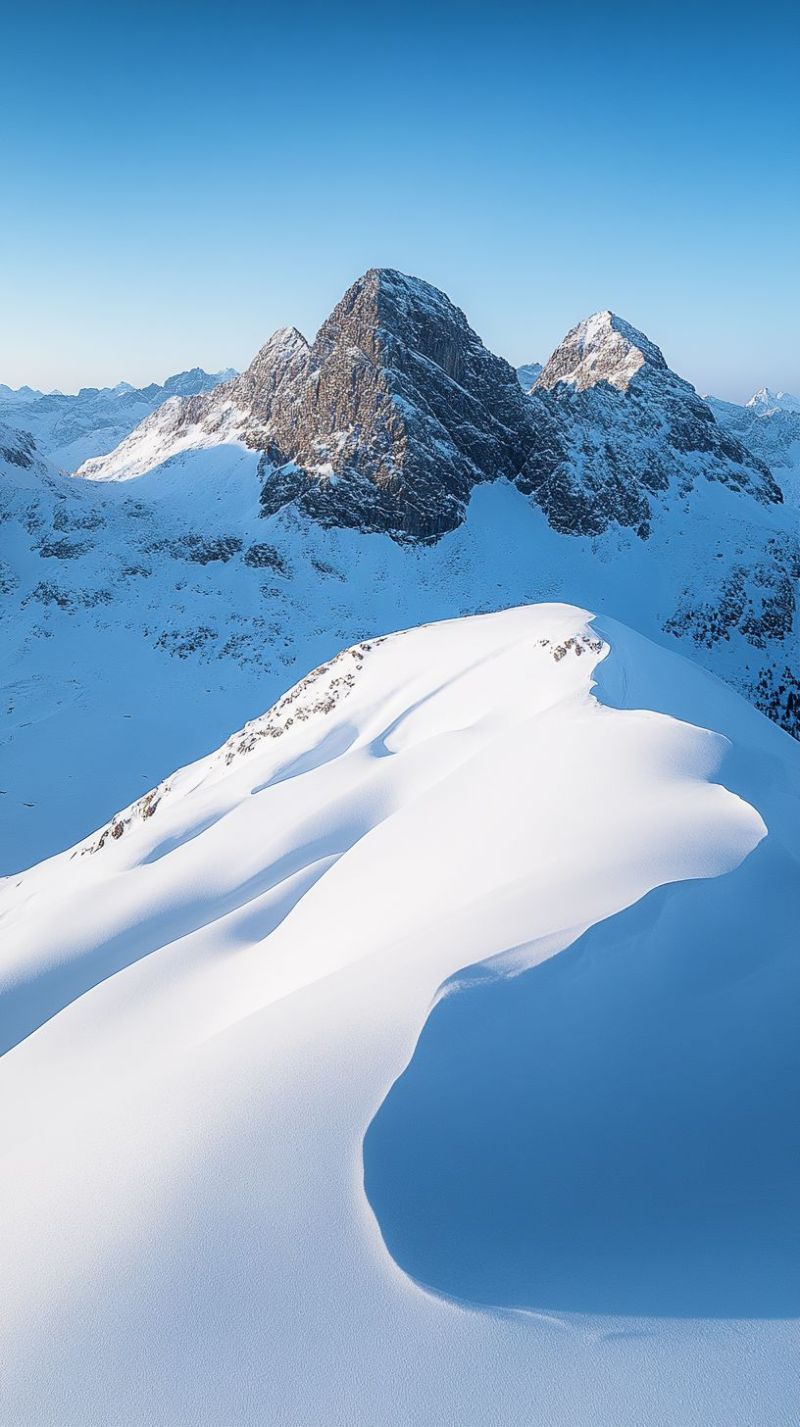 Snow mountain sky winter rock ice hill cloud glacier peak ridge cliff valley frost frosty morning day weather breathtaking winter landscape featuring a vast expanse of snow-covered mountains under a clear blue sky. In the foreground, there is a prominent snow-covered ridge with gentle slopes and intricate patterns formed by the wind. The snow appears thick and undisturbed, creating a serene and tranquil atmosphere. In the background, two majestic mountain peaks rise prominently, their rocky surfaces partially covered by snow. The peaks are rugged and steep, showcasing the raw beauty of the mountainous terrain. The sky is a deep, vibrant blue, with no clouds visible, contributing to the sense of openness and clarity. The overall scene evokes a feeling of isolation and peace, with the vastness of the snow-covered landscape stretching out into the distance.