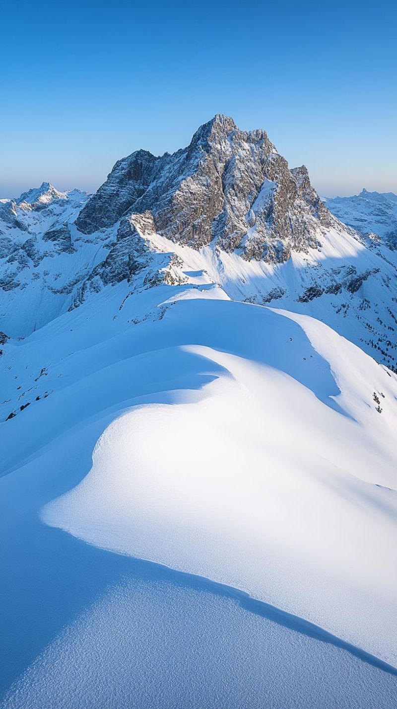 Neige ciel hiver glace nuage soleil ensoleille jour nature enneigee montagnes collines rochers Un paysage de montagne enneigée avec un ciel bleu clair. L'avant-plan présente une douce pente recouverte de neige, avec des ombres projetées par le soleil. En arrière-plan, il y a des montagnes rocheuses et accidentées également couvertes de neige. La scène est sereine et paisible, avec la neige reflétant la lumière du soleil, créant une atmosphère lumineuse et vibrante.