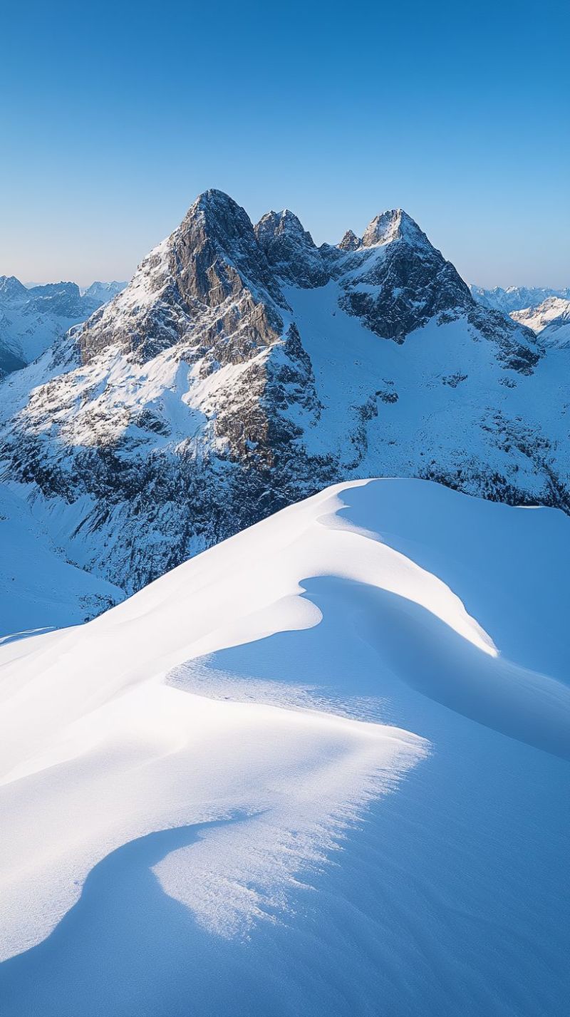 Montagne neige ciel hiver rocher glace colline nuage soleil ombre vallee crete glacier pic falaise gele matinee Un paysage de montagne enneigée avec un ciel bleu clair. Au premier plan, on trouve une grande pente enneigée lisse avec des ombres distinctes projetées par le soleil. En arrière-plan, il y a des montagnes enneigées et escarpées avec des faces rocheuses abruptes. La neige est immaculée et blanche, reflétant la lumière du soleil, et les ombres ajoutent de la profondeur et de la texture à la scène. L'atmosphère générale est sereine et majestueuse, avec l'immensité du terrain enneigée et les montagnes imposantes créant un sentiment d'émerveillement.