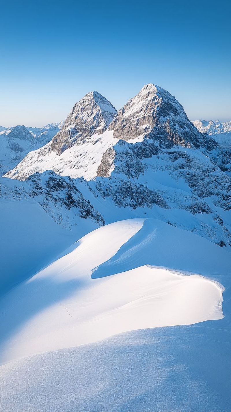 Montagne neige ciel hiver rocher glace glacier sommet crete vallee falaise colline enneige alpin gele L'image présente un paysage de montagne enneigée à couper le souffle sous un ciel bleu clair. Au premier plan, il y a une douce pente de neige qui semble légèrement ondulée, suggérant une récente chute de neige ou une activité éolienne. La neige est immaculée et blanche, reflétant la lumière du soleil. Derrière cette pente, il y a deux sommets de montagne proéminents, tous deux recouverts de neige. Les sommets sont escarpés et raides, avec des formations rocheuses visibles et des ombres projetées par le soleil. Le ciel au-dessus est d'un bleu profond et clair, indiquant une journée ensoleillée avec un minimum de nuages. La scène globale est sereine et majestueuse, capturant la beauté de l'hiver dans une région montagneuse.