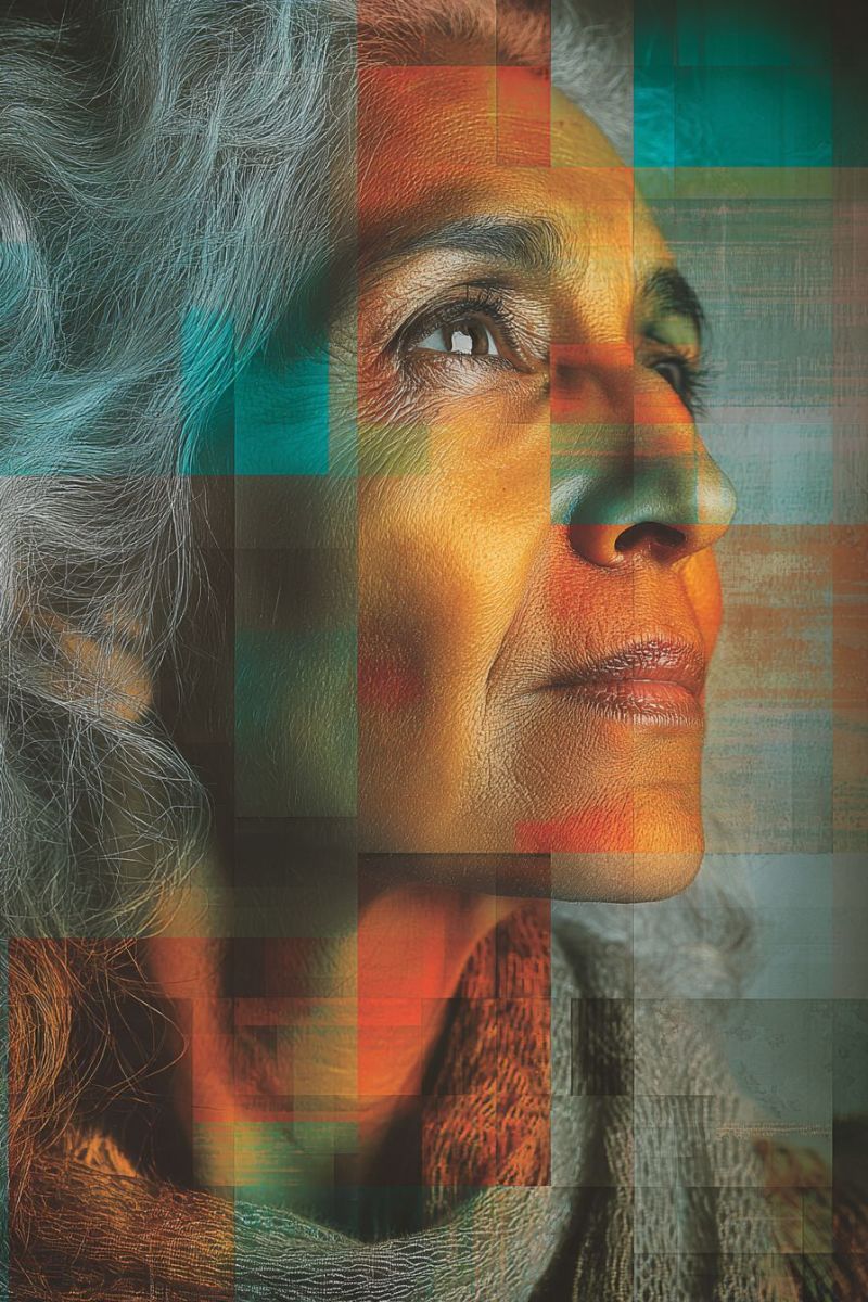 Painting colorful pattern texture An artistic portrait of an elderly woman with gray hair, her face is composed of various colored squares and rectangles, creating a mosaic effect. Her face is slightly turned to the right, and her eyes are looking forward with a serious expression. The background behind her is a mix of blue, green, and red squares, adding to the abstract and modern feel of the image.