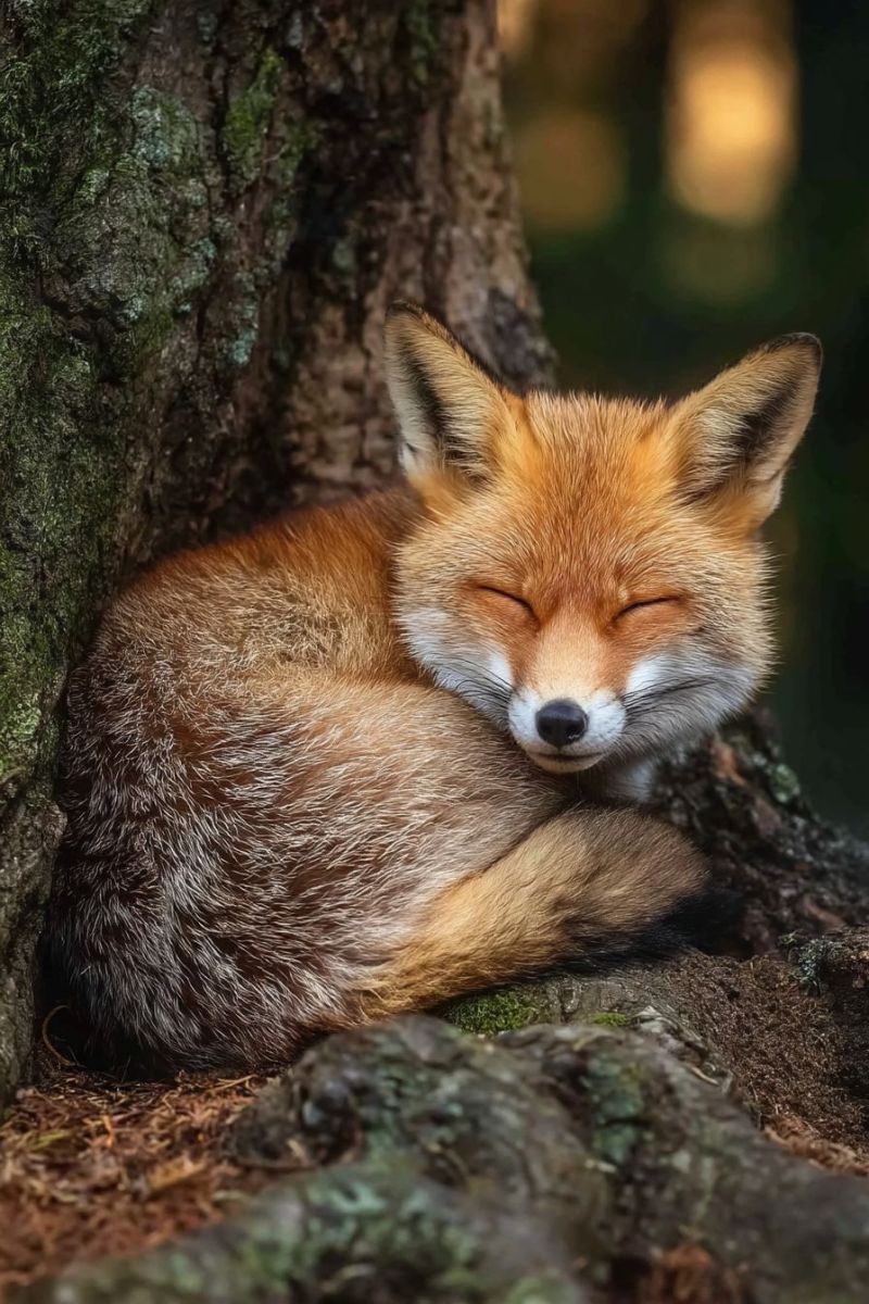 Fox sleeping tree wildlife nature animal forest conservation sanctuary habitat reserve protection rescue rehabilitation education awareness A red fox is curled up and sleeping against the base of a tree trunk. The fox has a reddish-orange coat with a white underbelly, and its eyes are closed. The tree trunk is covered in moss and has a rough, textured surface. The background is dark, suggesting it is either dusk or dawn.