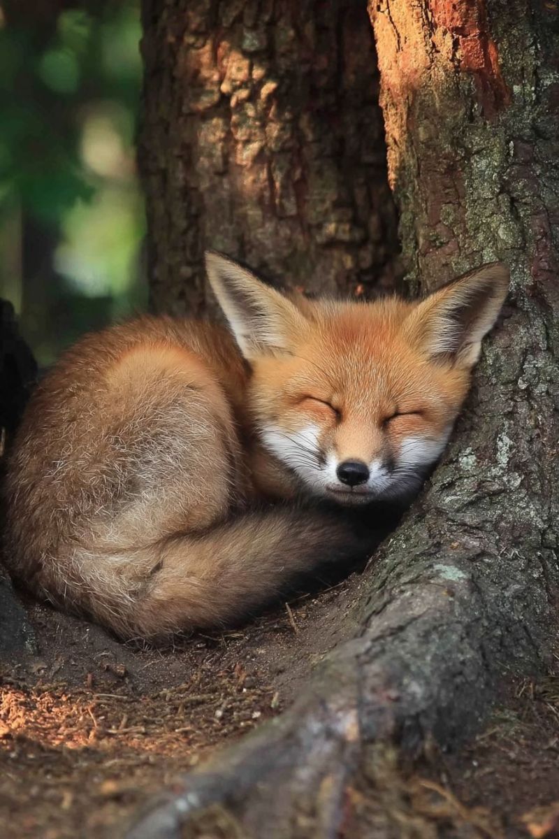 Renard dormant arbre faune nature animal foret journee soleil fourrure pattes oreille queue sol ecorce ombre branches habitat couvert Un renard roux est recroquevillé et dort contre le tronc d'un arbre. Le renard a un pelage brun-rouge avec un ventre blanc et une queue duveteuse. Ses yeux sont fermés et ses oreilles sont légèrement dressées. Le tronc d'arbre est grand et texturé, avec des taches d'écorce et de mousse. Le sol autour du renard est couvert de petites brindilles et de feuilles, et la lumière du soleil filtre à travers les arbres, projetant une lueur chaude sur la scène.
