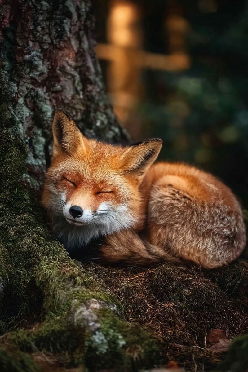 Renard dormant arbre mousse faune nature foret animal rouge sanctuaire conservation habitat sauvetage rehabilitation Un renard roux est allongé contre la base d'un arbre dans une forêt. Le renard a un pelage roux-orangé avec des taches blanches sur sa poitrine et son visage. Ses yeux sont fermés, et il semble dormir paisiblement. Le tronc de l'arbre est couvert de mousse et a une surface rugueuse et texturée. L'arrière-plan est flou, avec des touches de feuillage vert et une lumière chaude et dorée filtrant à travers les arbres.