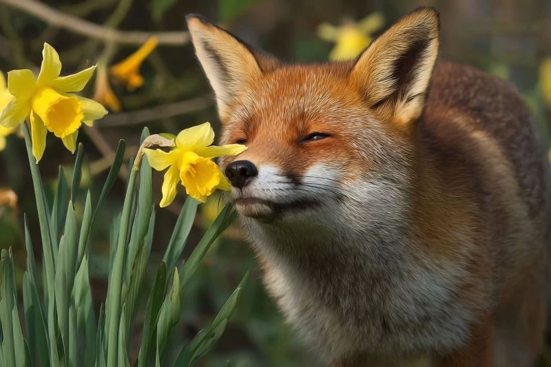 Renard animal faune nature fleur jonquille flore printemps jardin mignon mammifere carnivore canide vulpes floral rouge jaune Un renard roux avec une queue épaisse et des oreilles pointues se tient dans un champ de jonquilles jaunes. Le renard renifle une fleur de jonquille les yeux fermés, semblant être dans un état de détente et de contentement. La fourrure du renard est un mélange de orange et de blanc, et il a une tache blanche sur la poitrine. L'arrière-plan est flou, avec plus de jonquilles et d'herbe verte visibles.