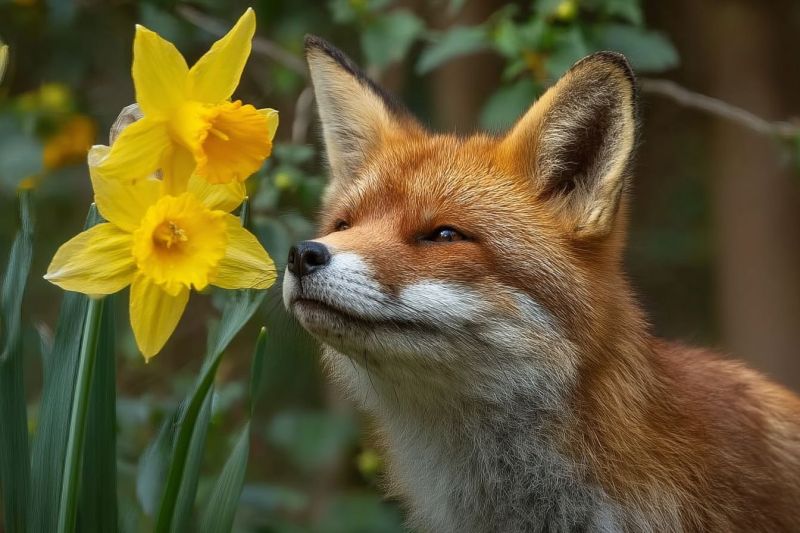 Renard jonquille faune nature animal mammifere jardin fleur printemps air fourrure oeil oreille museau pattes sol bokeh Un renard roux avec un pelage brillant, brun-rouge et un ventre blanc est debout dans un jardin, reniflant un bouquet de jonquilles jaunes. Les oreilles du renard sont pointées vers le haut, et il a une tache blanche sur le menton. Les jonquilles ont des pétales jaunes vifs et des feuilles vertes, et l'arrière-plan est légèrement flou avec plus de verdure.