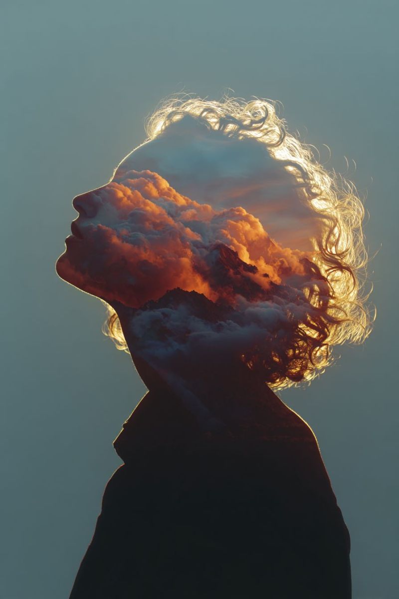 Femme nuages montagnes ciel reflet nature beaute inspiration reveur ambiance emotion liberte Une silhouette d'une femme aux cheveux bouclés est présentée sur un fond de nuages et de montagnes. Les nuages sont illuminés par le soleil couchant, projetant une lueur chaude sur le visage et les cheveux de la femme. La tête de la femme est légèrement inclinée vers la gauche, et ses cheveux sont soufflés par le vent. Le fond est un mélange de teintes orange et roses, avec le soleil se couchant derrière les nuages. L'image a une qualité onirique et éthérée, avec la silhouette de la femme se fondant harmonieusement dans le paysage naturel.