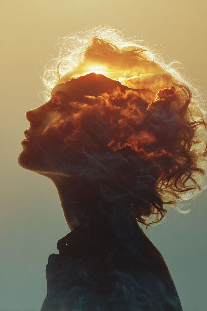 Woman clouds sun sky smoke nature beauty inspiration dreamy moody atmosphere A silhouette of a woman with curly hair is looking up at the sky. The sun is shining brightly behind her, casting a warm glow on her face and hair. The sky is filled with clouds, and the sun's rays are shining through the clouds, creating a beautiful effect. The woman's hair is blowing in the wind, and the smoke from the sun's rays is creating a hazy effect around her.