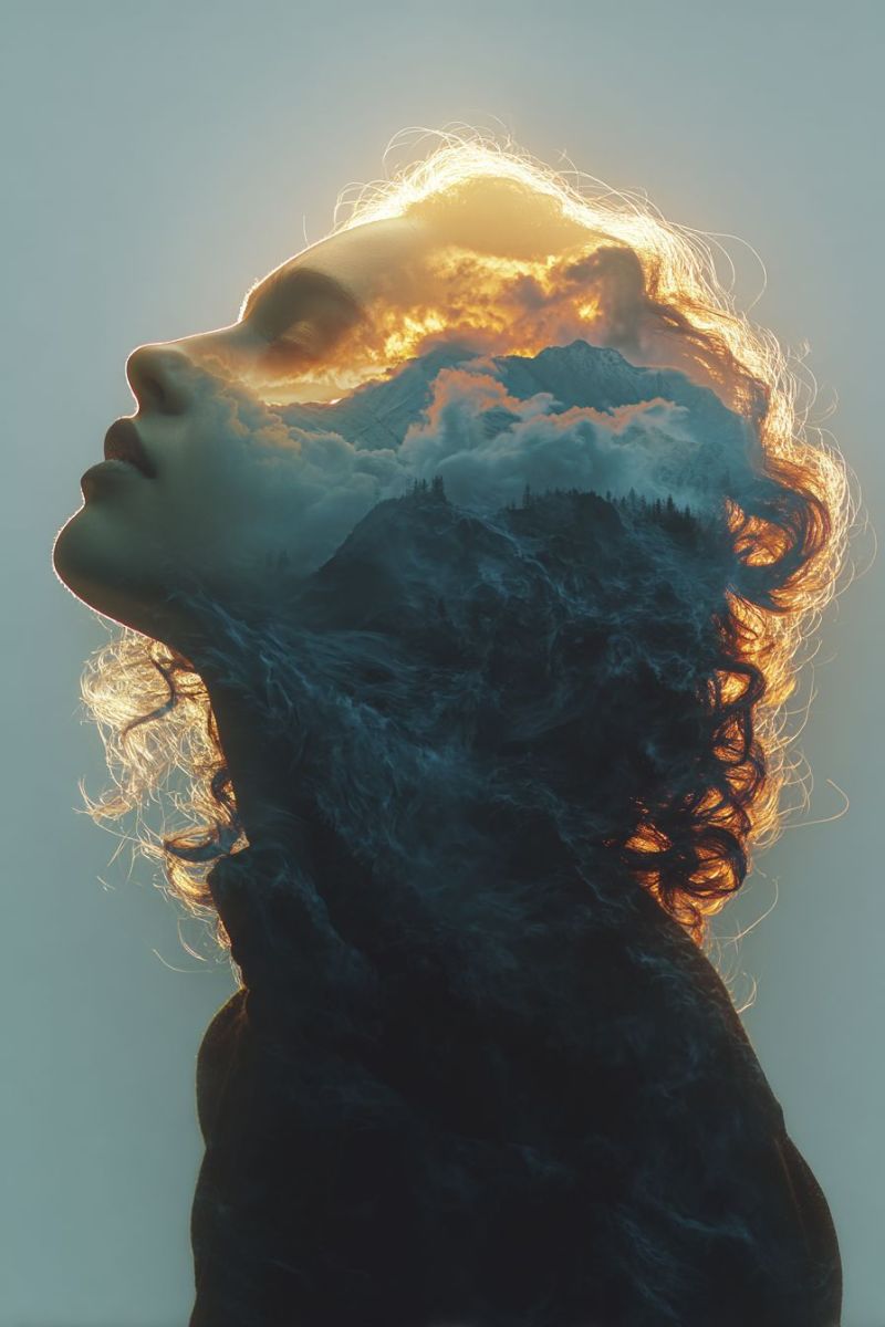 Woman mountain clouds sky sunlight nature beauty inspiration dreamy moody shadow woman with curly hair, her face partially obscured by a mountainous landscape. The mountains are depicted in a surreal, dreamlike manner, with clouds and a sunset sky blending into her hair. The sky above is a gradient of blue and orange, suggesting either dawn or dusk. The woman's face is illuminated by the warm light of the setting sun, casting a soft glow on her features. The background is a mix of dark and light shades, creating a contrast that highlights the surreal nature of the image.