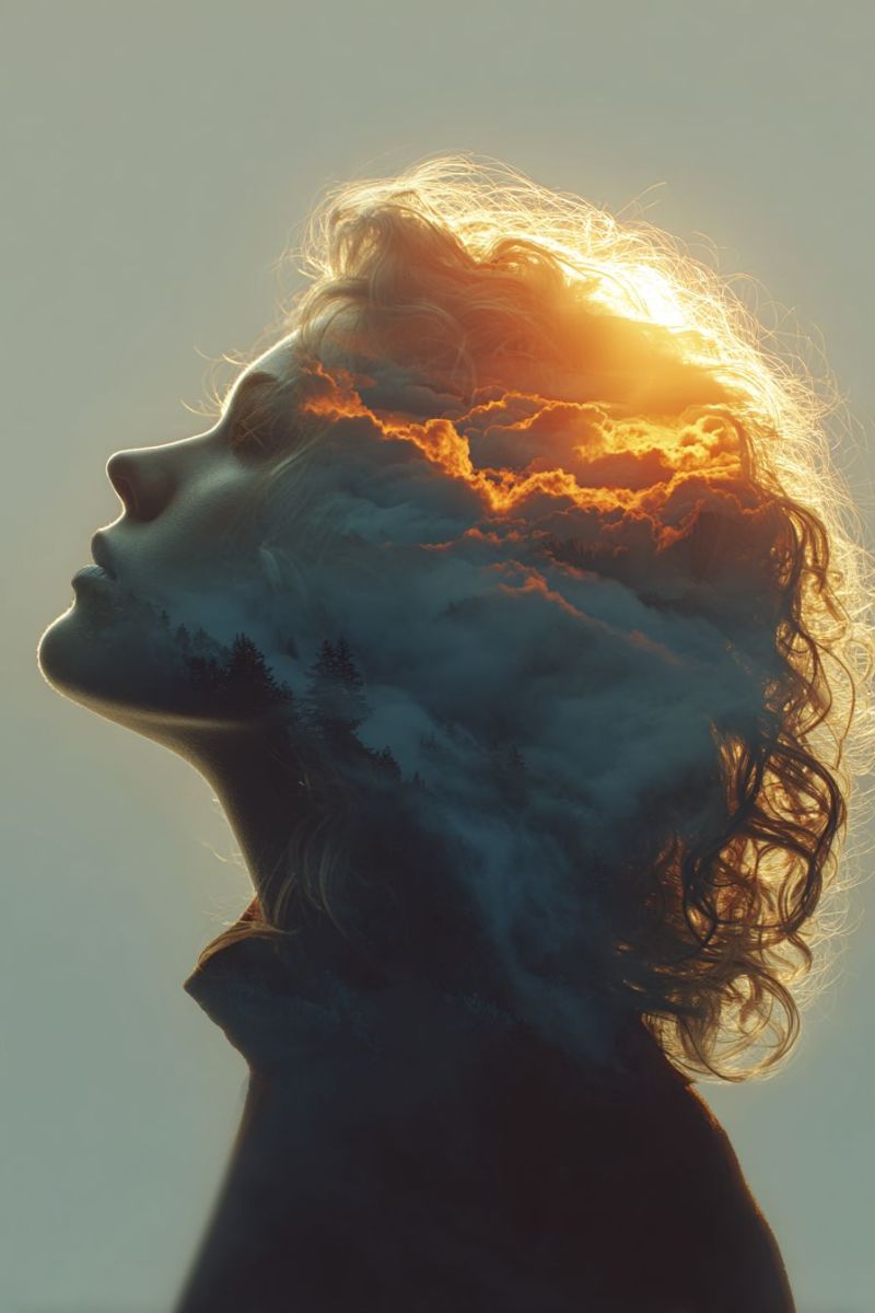 Femme visage soleil nuages ciel nature foret arbres montagnes reflet ombre beaute inspiration Une femme aux cheveux bouclés regarde le ciel, son visage partiellement obscurci par les nuages. Les nuages sont illuminés par le soleil, projetant une lueur chaude sur son visage et ses cheveux. L'arrière-plan est un mélange de teintes bleues et orange, avec une silhouette d'arbres et de montagnes au loin. L'image a une qualité onirique et surréaliste, avec le visage de la femme se fondant harmonieusement dans les nuages.
