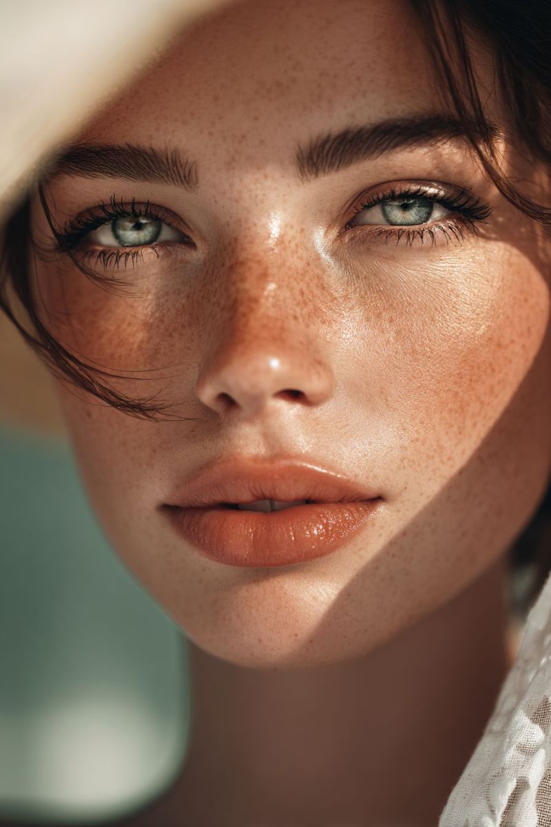 Woman beauty skin eye lips makeup freckles eyelashes eyebrows sunlight shadow natural outdoors fashion A close-up portrait of a woman with light brown skin and freckles. She has arched eyebrows, long eyelashes, and green eyes. Her lips are slightly parted, and she has a slight smile. She is wearing a white top and has her hair partially covering her face. The light is shining on her face, highlighting her features.