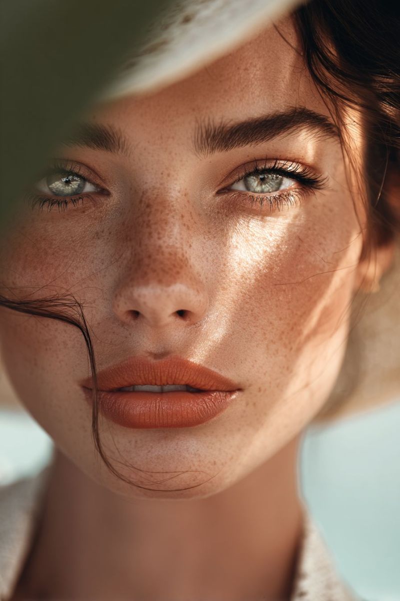 Visage femme beaute peau oeil maquillage naturel cosmetiques magnifique glamour elegant chic Un portrait rapproché d'une femme avec une chaleureuse lueur ensoleillée sur son visage. Elle a des taches de rousseur brun clair dispersées sur son nez et ses joues, et ses yeux sont d'un vert clair avec de longs cils foncés. Ses lèvres sont peintes dans une douce teinte orange pêche, et ses cheveux sont coiffés en vagues lâches. Elle porte un chapeau blanc qui couvre partiellement son front et ses yeux, et sa peau semble lisse et radieuse. L'arrière-plan est flou, suggérant qu'elle est dehors dans un environnement ensoleillé.