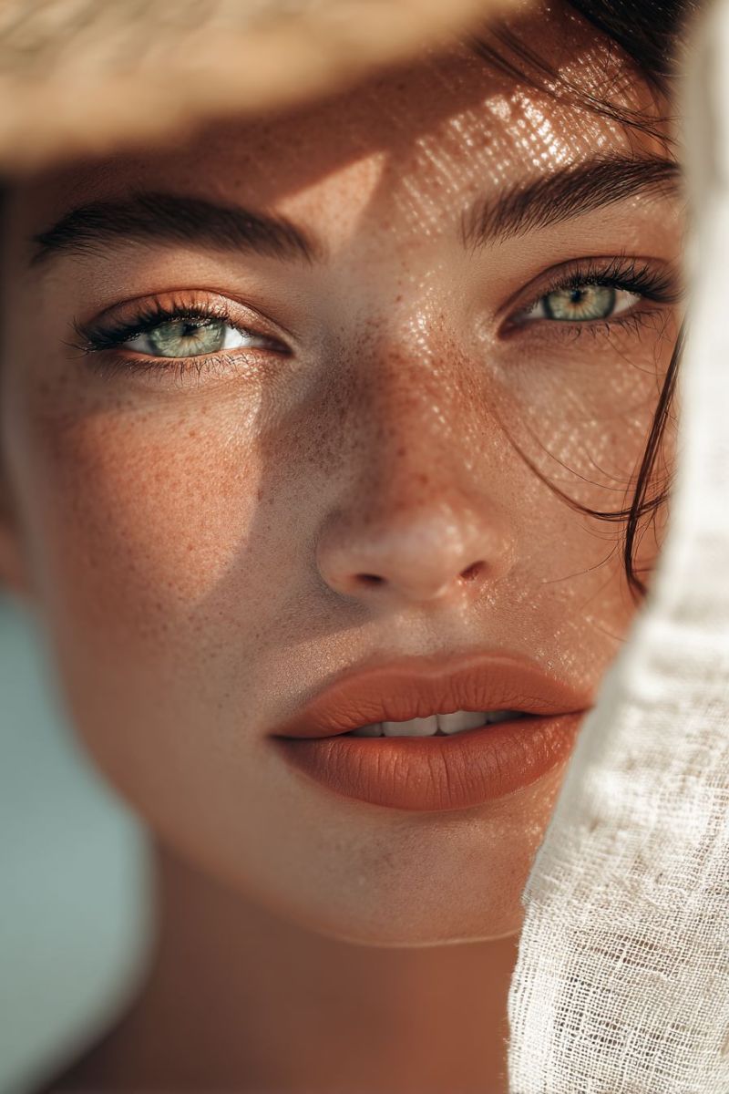 Woman beauty skin eye lips sunlight smile natural makeup fashion gorgeous glamour A close-up of a woman's face with a slight smile, her eyes closed and her lips slightly parted. She has light brown freckles on her cheeks and nose, and her hair is slightly messy. She is wearing a white cloth that is probably a scarf, and her face is illuminated by the sun. The background is blurry, and it seems like she is standing in a sunny place.